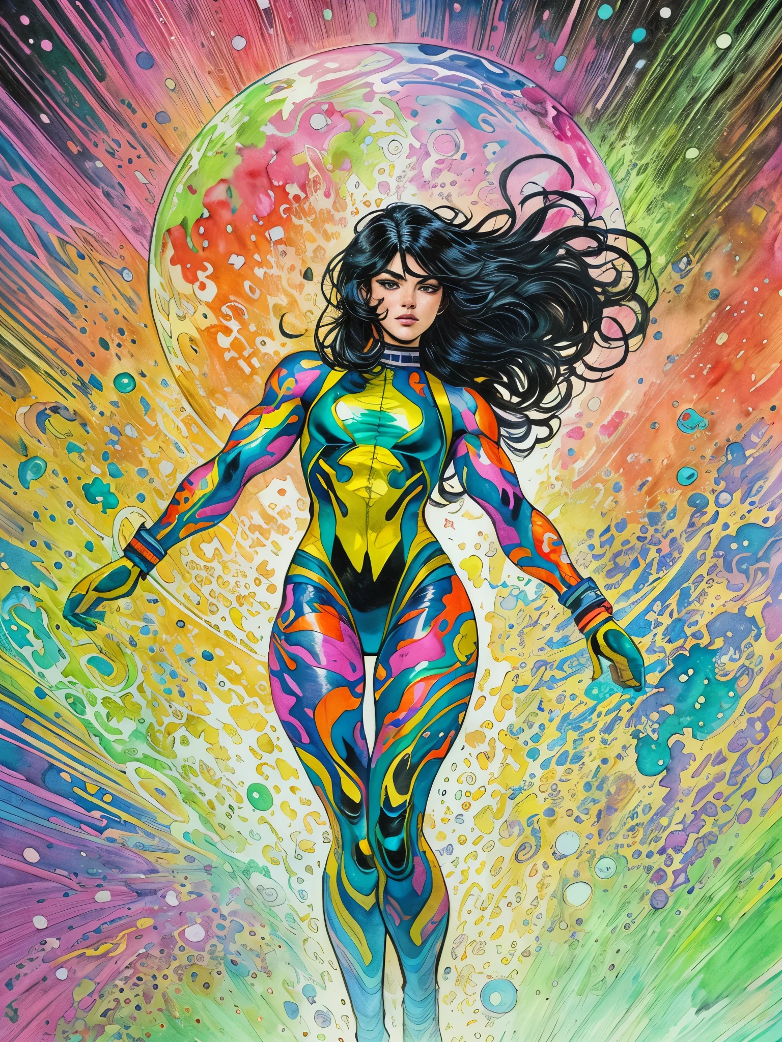 (comic style:1.3), (line art:1.5), (full body),(masterpiece, award winning, best quality:1.3), (flat color:1.3),(colorful:1.3), 1 girl ((solo)), floating in space, long black hair (side part), small breasts, , wearing fullbody rainbow catsuit, watercolor painting, art by Jim lee, cinematic, masterpiece, laboratory, detailed background, detailed material textures, serious, realistic 1.35, muscular 1.2