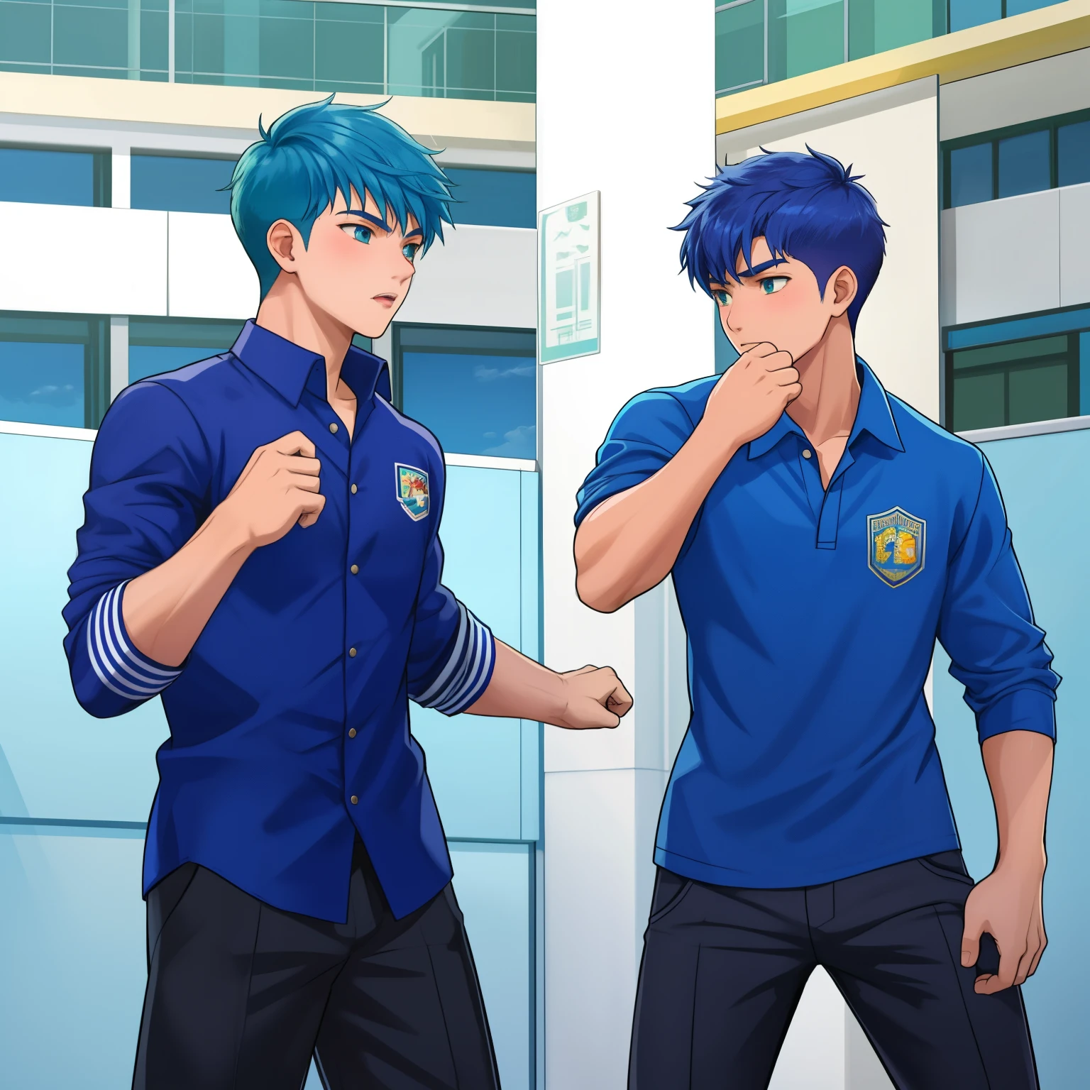 two boys throw punches at schoolthere are two boys at school one throws punches at the other and dodges them, camisa de colegio azul cabello verde