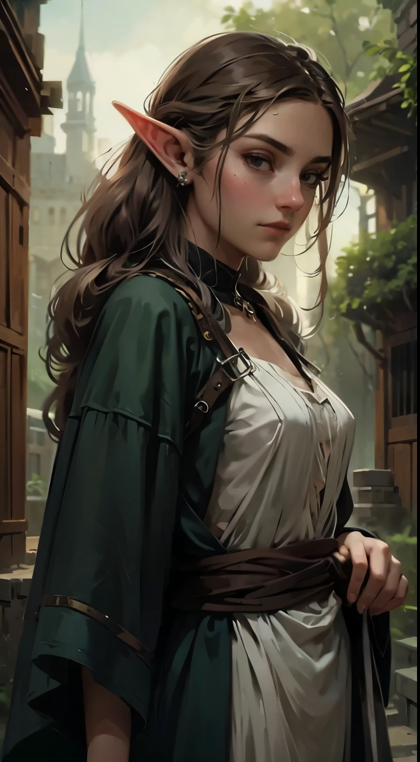 Female elf, long black hair, braided hair, brunette, round face, small ears, green and white clothes, in a fantasy town, fantasy character