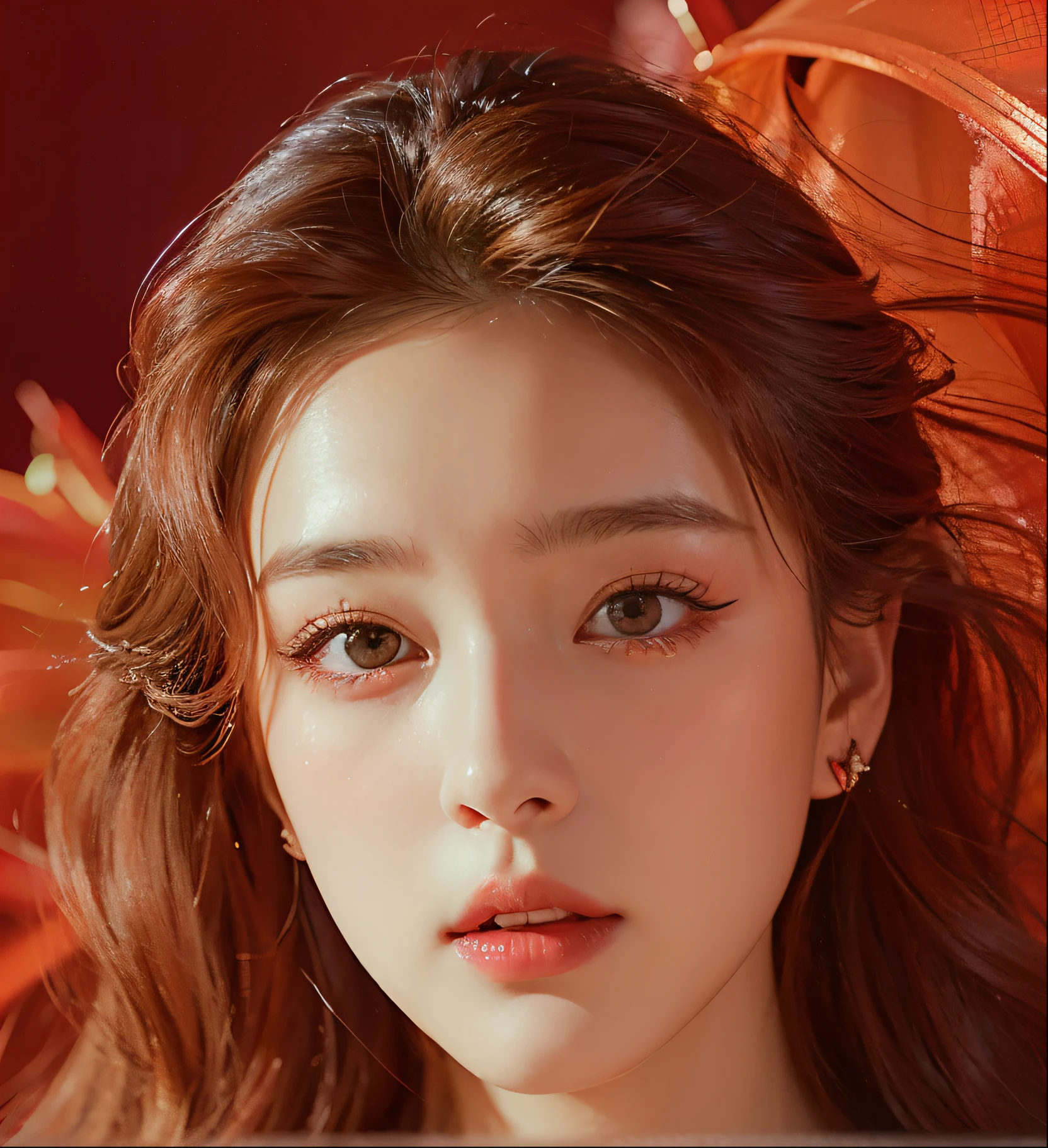 there is a woman with long hair and a red dress, high quality portrait, soft portrait shot 8 k, glossy digital painting, 8 k realistic digital art, [ 4 k digital art ]!!, color portrait, digital fantasy portrait, gorgeous face portrait, fanart, inspired by Yanjun Cheng, beautiful digital illustration, soft portrait, gorgeous digital painting, portrait jisoo blackpink