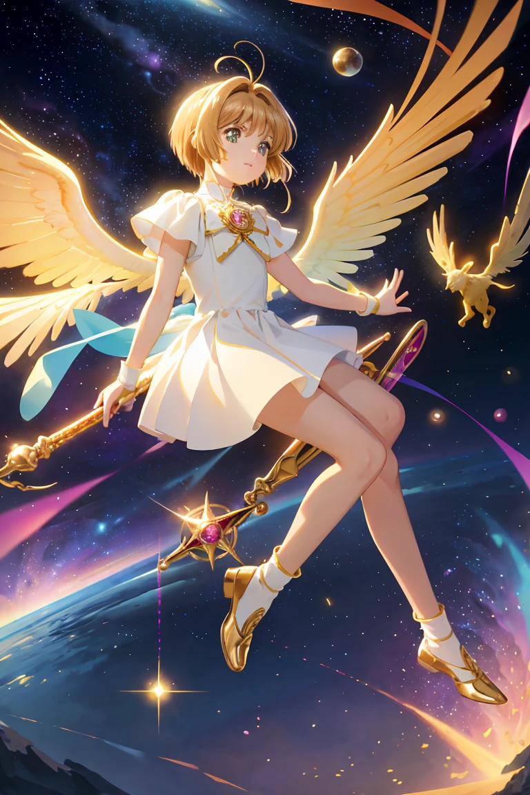 Realistic, (Masterpiece, Superior Quality, Best Quality, Official Art, Beautiful and Aesthetic: 1.2),(flying:1.4) Very Detailed, Fractal Art, Colorful, More Detailed, (Abstract Background: 1.5) (1girl: 1.3), light brown hair, bright eyes, cheerful, hairstyled back, short hair, , Milky Way, huge magic gold Sagittarius astrolabe, dream, fantasy, golden trim, beautiful detailed sky, style and decoration, female room,  (Sakura card captor)