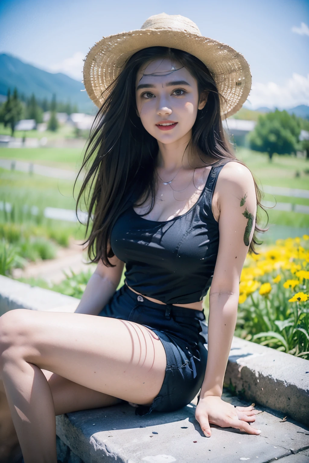 1girl,solo,photo of a cute girl,full body,light smile,charming,20yo,black hair,black eyes,Lightweight clothes,hiking boots,sun hat,sunscreen,insect repellent,dynamic angle,
Wildflower meadows,vibrant colors,rolling hills,fresh air,panoramic views,picturesque hikes,
