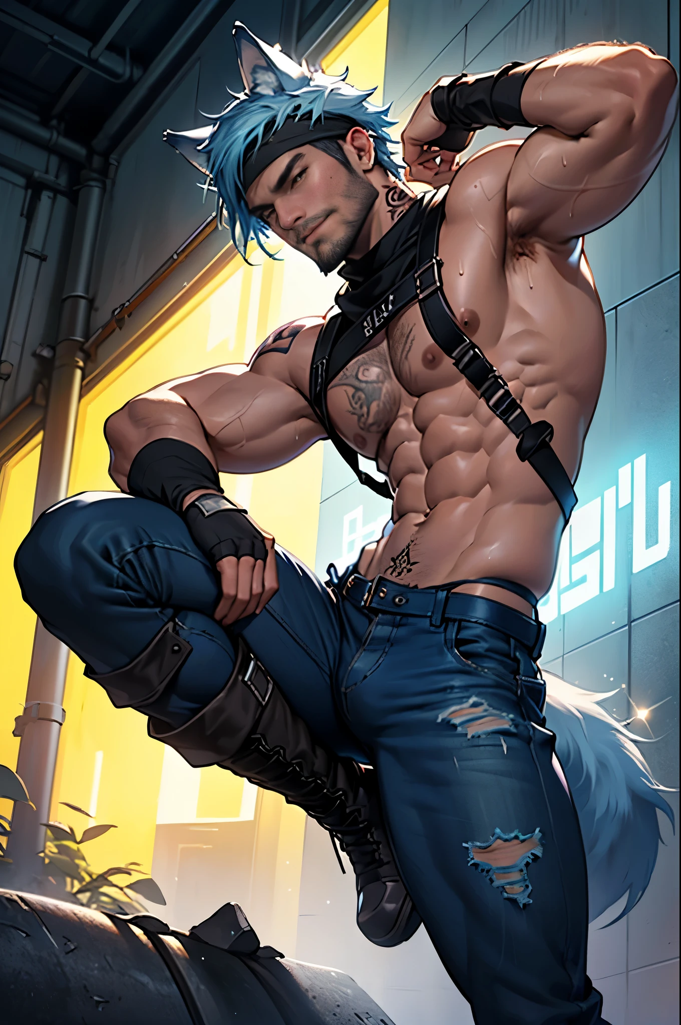 ((thick v-line, cum gutters, iliac furrows,)) punk military boy, harness, ((wearing big boots)), ((view close to abs)), glitter, sparkle, spacey, highly detailed face, showing off, leaning back, flexing bicep, sweating, masculine with short beard, body hair, finely detailed face, ((dark tanned skin)), bulge, black clothes, short light blue hair, ((has wolf ears)), ((has wolf tail)), sparkly dramatic lighting, v-rays, glass environment, wearing ripped pants that sit low on his hips, ((he is solo, he is alone)), has ((bright blue shining tattoos)), wearing bandana and leather wrist bands, wearing fingerless gloves, muscular thighs, shirtless