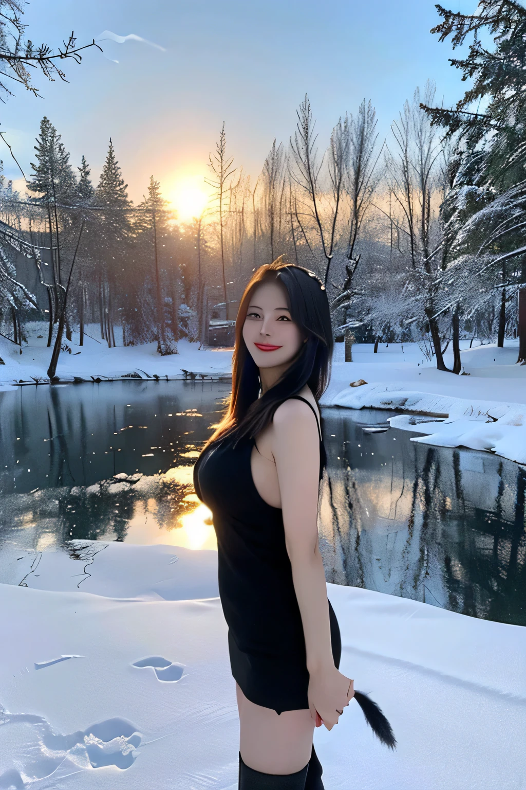 kalina, wolf cut hair, Sexy,1woman ,Asian, Alaska, snow, tree, winter clothes, smiling, perfect body, sexy, black wear, huge tits, big sexy thight, photorealistic, 8k raw photo, beautiful, reflection, sun
