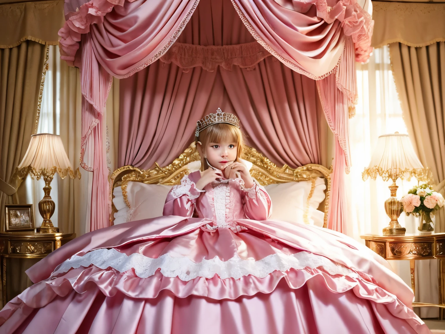 ,highest quality, masterpiece, highest resolution, artwork, super それにget used to it, many get used to it, get used to it, それにget used to it, 3K realistic photos,,(( At the )),Super detailed baby face princess,Full length ball gown dress with hoop skirt,ruffled yoke collar,puff sleeves,long sleeve,((Lolita style hot pink detailed princess satin dress、Comes with lots of frills and ribbons。)),Colorful fashion in rococo style,shiny satin dress,Soft and smooth fabric,luxury,long blonde hair,blue eyes,white skin european,pajamas,((inside the palace)),,,(( At the age of 10)),Super ailed yng girl's face,Full length ball gown dress with hoop skirt,ruffled yoke collar,puff sleeves,腰まで伸びるlong blonde hair,blue eyes,white skin european,pajamas,((inside the palace bedroom)),ピンクのシルクサテンのluxuryな天蓋付きベッドの上,Huge canopy bed,luxurious curtains under the canopy,many frilly pillows on the bed,super detailed background,Detailed bed,romantic atmosphere,