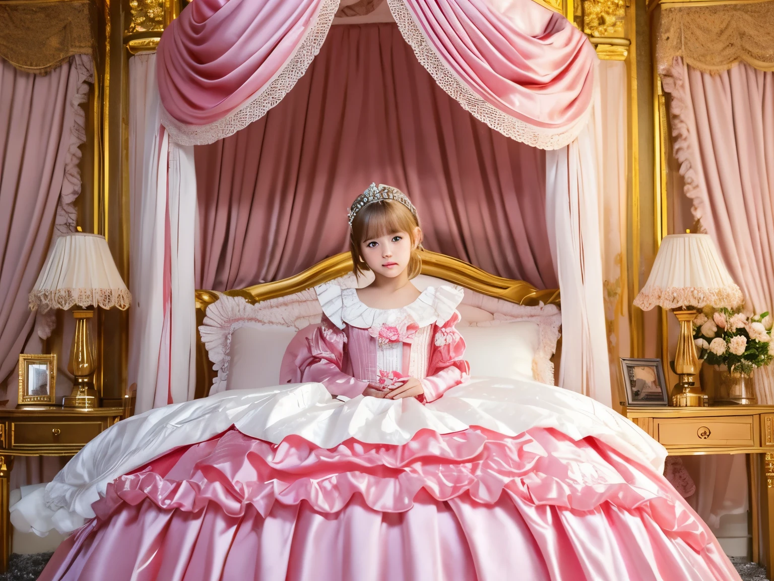 ,highest quality, masterpiece, highest resolution, artwork, super それにget used to it, many get used to it, get used to it, それにget used to it, 3K realistic photos,,(( At the age of 10)),Super detailed baby face,She is a princess,Full length ball gown dress with hoop skirt,ruffled yoke collar,puff sleeves,long sleeve,((Lolita style hot pink detailed princess satin dress、Comes with lots of frills and ribbons。)),Colorful fashion in rococo style,shiny satin dress,Soft and smooth fabric,luxury,long blonde hair,blue eyes,white skin european,pajamas,((inside the palace)),,,(( At the age of 10)),Super detailed young girl&#39;s face,Full length ball gown dress with hoop skirt,ruffled yoke collar,puff sleeves,腰まで伸びるlong blonde hair,blue eyes,white skin european,pajamas,((inside the palace bedroom)),ピンクのシルクサテンのluxuryな天蓋付きベッドの上,Huge canopy bed,luxurious curtains under the canopy,many frilly pillows on the bed,super detailed background,Detailed bed,romantic atmosphere,