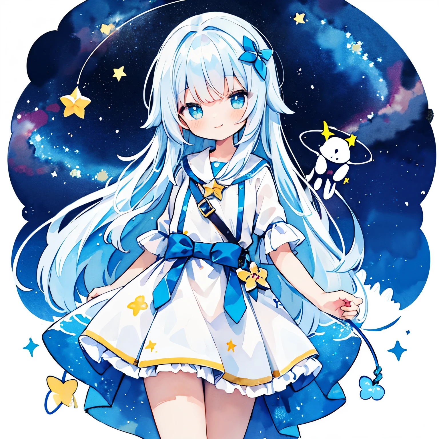 (Color: 1.5), (Illustration Cute: 1.5), (Watercolor: 1.2), (1 Girl: 1.0), (1 Girl: 1.2), Eye-to-Eye Hair, White Background, Girls, Whole Body Espian, Star in Hand, Star in Hand, Glitter in Hand, Best Smile in Hand, Star Group, Many Stars, Night sky, Puffy Skirt Design, Star-patterned design, style, double-layered white dress skirt, twinkling stars, hair swaying