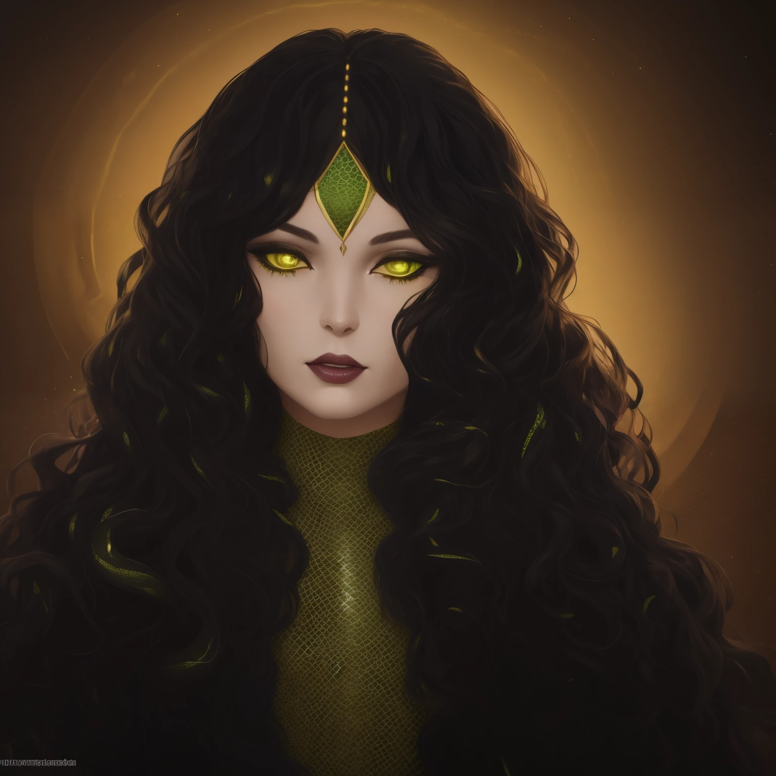 Yuan Ti woman, sorceress, realistic, green snake scales, yellow glowing snake eyes, snake eyes, masterpiece, dark dress, long curly hair, black hair, portrait, close