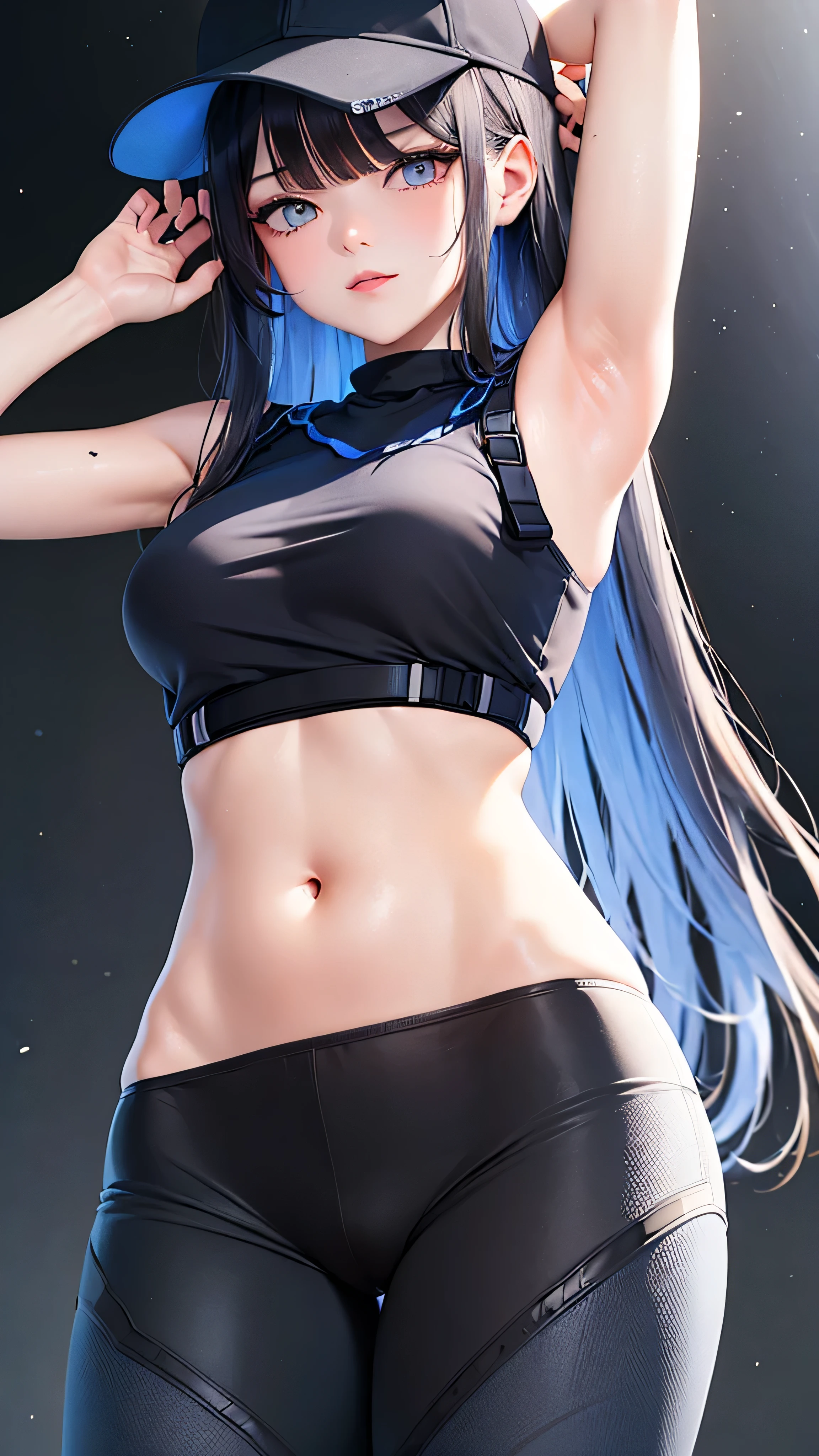 masterpiece,extremely detailed,1girl,solo,(saori \(blue archive\):1.4),detailed sparkling eyes,bedazzling eyes,sexy stretch,detailed close up on abdomen,(visible hip bones),bare stomach gleaming with sweat,(zoom in on navel),exposed hips,(long midriff:1.2),extremely detailed midriff,sexy tummy,bare stomach,hands overhead,arms raised all the way up,exposed hip bones,beautiful blue eyes watching you in disappointment,black pants pulled down,black crop top pulled up,armpit,long hair,black hair,black baseball cap,black facemask,halo,white background,cinematic glitter,high res,4K,high quality,trending on pixiv