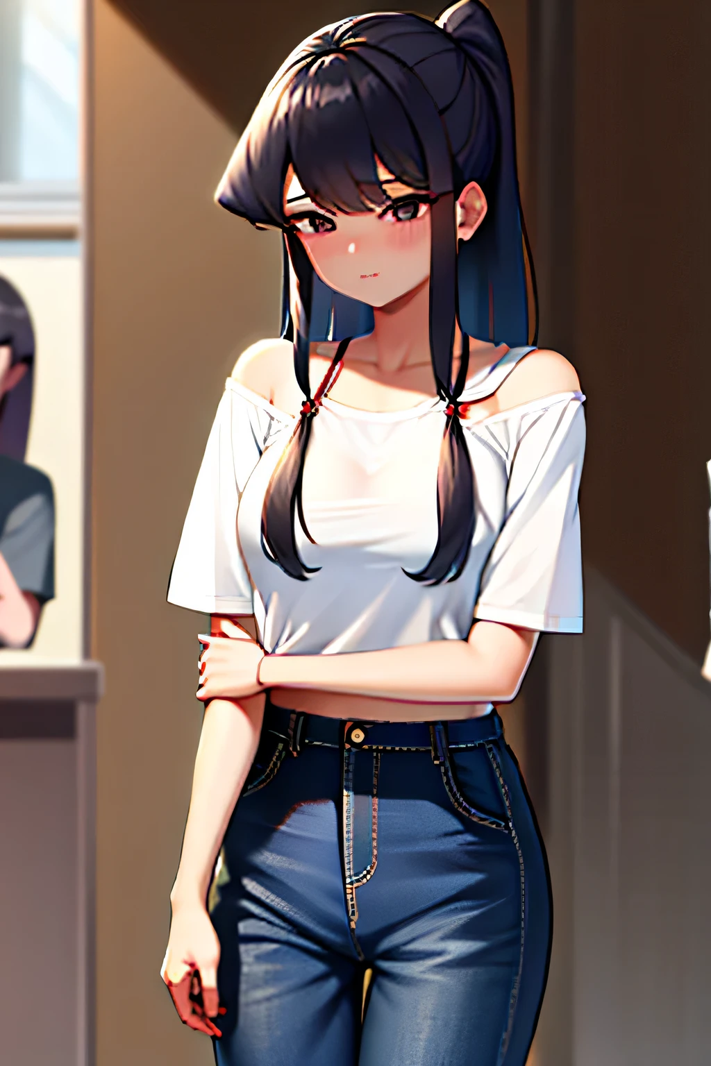 komiShouko, obra maestra, Mejor calidad, absurdos, 1 chica, mirando al espectador, cabello corto, de pie, Brazos en V, pantys, bosque, tiro de vaquero, ropa casual, camiseta roja, pantalones negros, Arco rojo