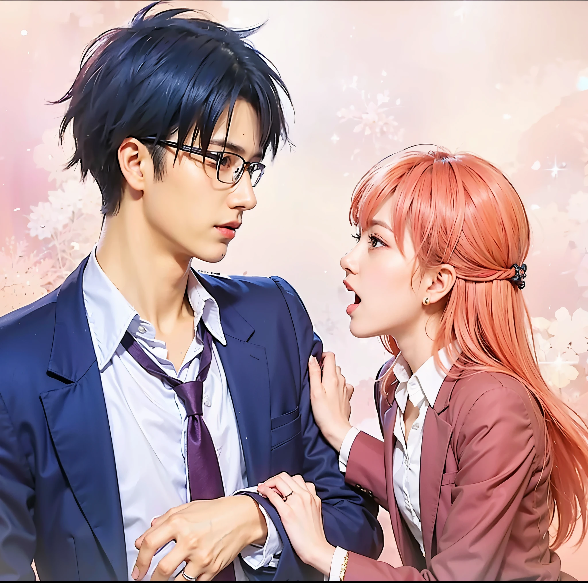 Hirotaka, dark blue hair, masculine, black eyeglasses, narumi, wotakoi, pink hair,