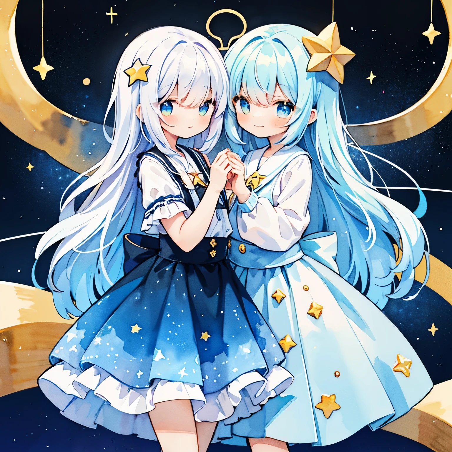 (Color: 1.5), (Illustration Cute: 1.5), (Watercolor: 1.2), (1 Girl: 1.0), (1 Girl: 1.2), Eye-to-Eye Hair, White Background, Girls, Whole Body Espian, Star in Hand, Star in Hand, Glitter in Hand, Best Smile in Hand, Star Group, Many Stars, Night sky, Puffy Skirt Design, Star-patterned design, style, double-layered white dress skirt, twinkling stars, hair swaying