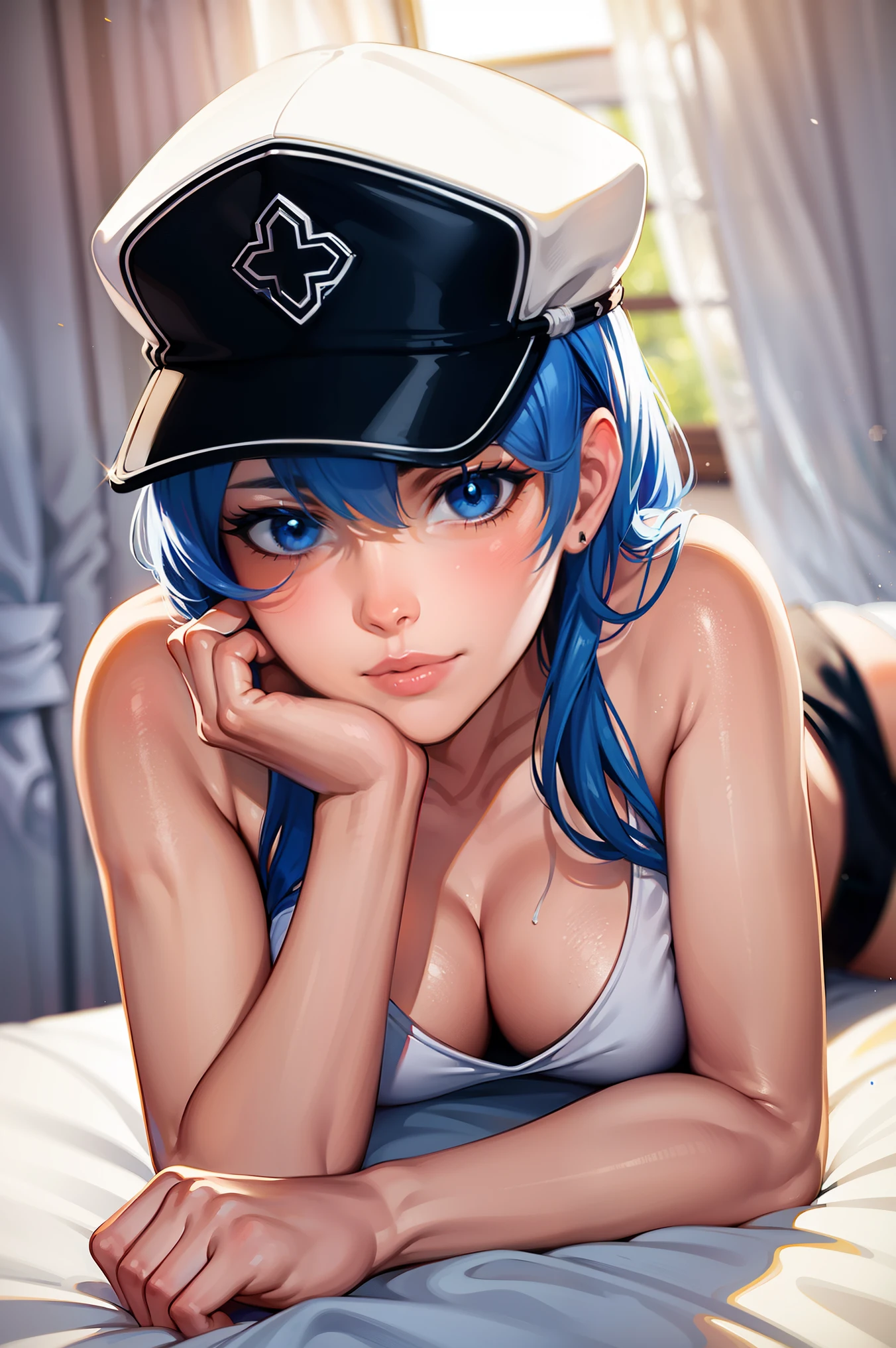 (best quality,highres,photorealistic:1.2),portrait,girl, both leg spread,bed,sexy pose,beautiful detailed eyes, happy embarrassed face, beautiful detailed lips,longeyelashes,vivid colors,studio lighting,hat,blue eyes,opened t-shirt