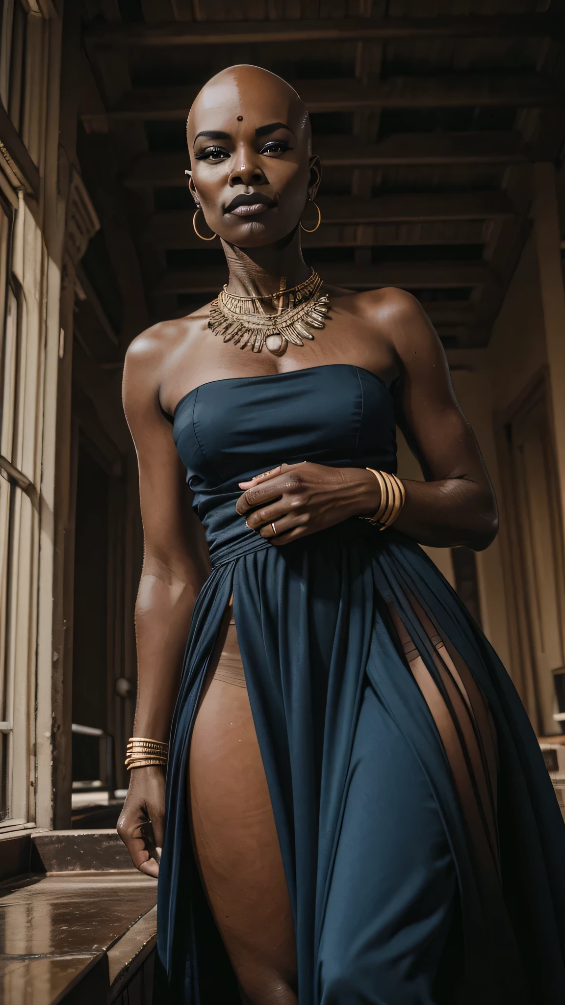 masterpiece, highest quality, RAW, analog style, a stunning photo of a (older woman:1.2), (African dark skin, very deep ebony skin:1.4), (bald head:1.2), (make-up), (blue, luxury, long dress:1.2), heels, (fashion show), (highly detailed skin, skin details), (highly detailed face), full body view, sharp focus, 8k UHD, DSLR, high quality, film grain, Fujifilm XT3, frowning, intricately detailed, highly detailed, cluttered and detailed background