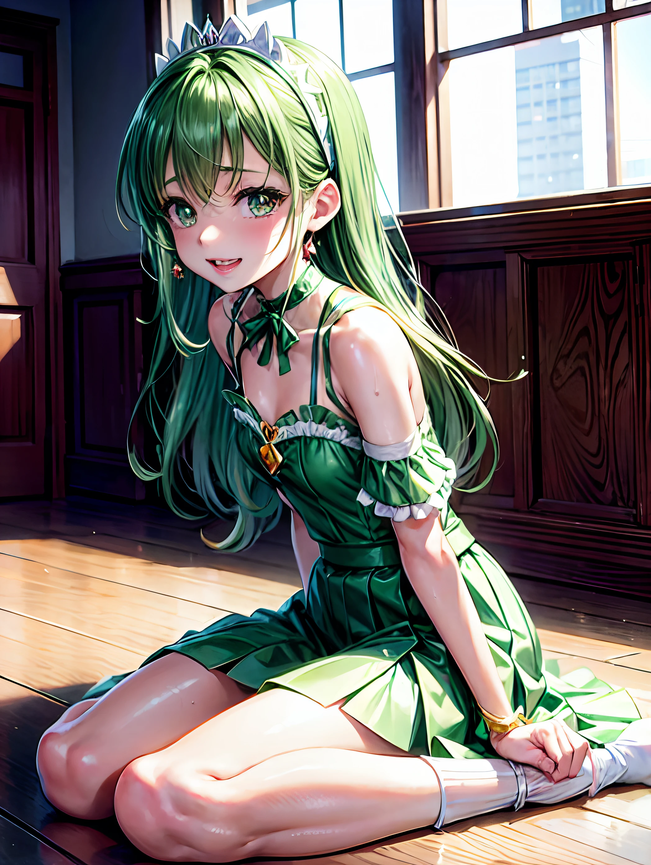 Precure、グリーンPrecureコスチューム、long skirt、smile、Sitting on the floor and opening legs、open your legs、full of sweat、sweating、M-shaped legs、small panties、