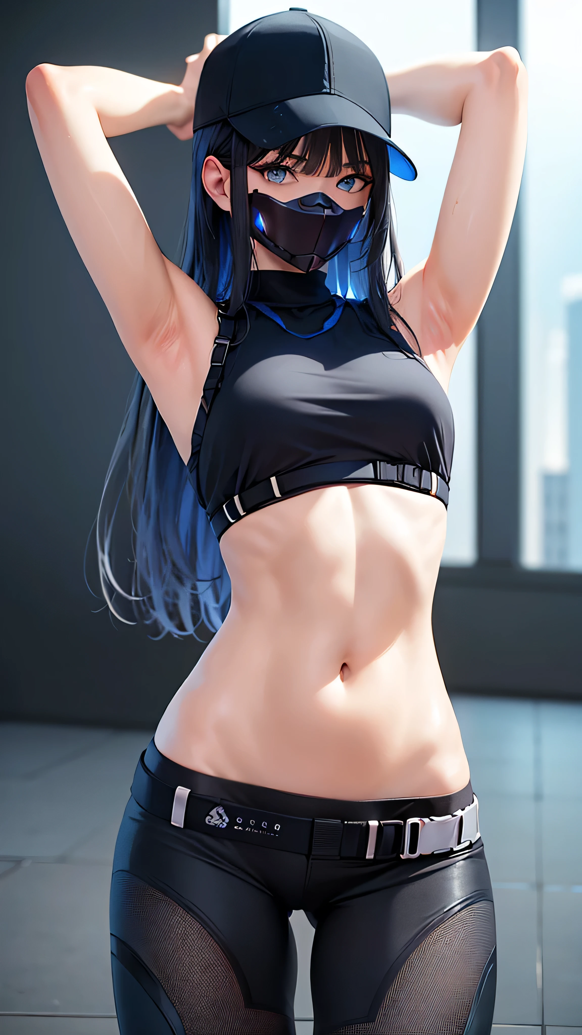 masterpiece,extremely detailed,1girl,solo,(saori \(blue archive\):1.15),(mouth mask),detailed sparkling eyes looking at camera,bedazzling eyes watching you,sexy stretch,detailed close up on abdomen,(visible hip bones),bare stomach gleaming with sweat,(zoom in on navel),exposed hips,(long midriff:1.2),extremely detailed midriff,sexy tummy,bare stomach,hands overhead,arms raised all the way up,exposed hip bones,beautiful blue eyes watching you in disappointment,(black pants pulled down below waist:1.2),black crop top pulled up,armpit,long hair,black hair,black baseball cap,halo,white background,cinematic glitter,high res,4K,high quality,trending on pixiv