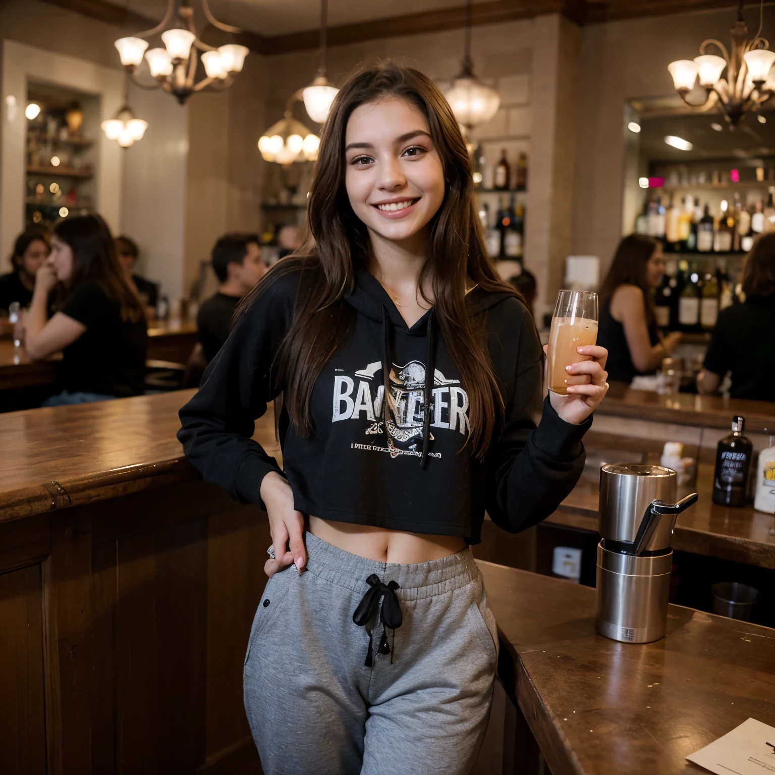 photograph of a 20-year-old woman, perfect face, masterpiece, brunette girl, long hair, ultra realistic, at the bar, laughing, big black hoodie, baggy pants