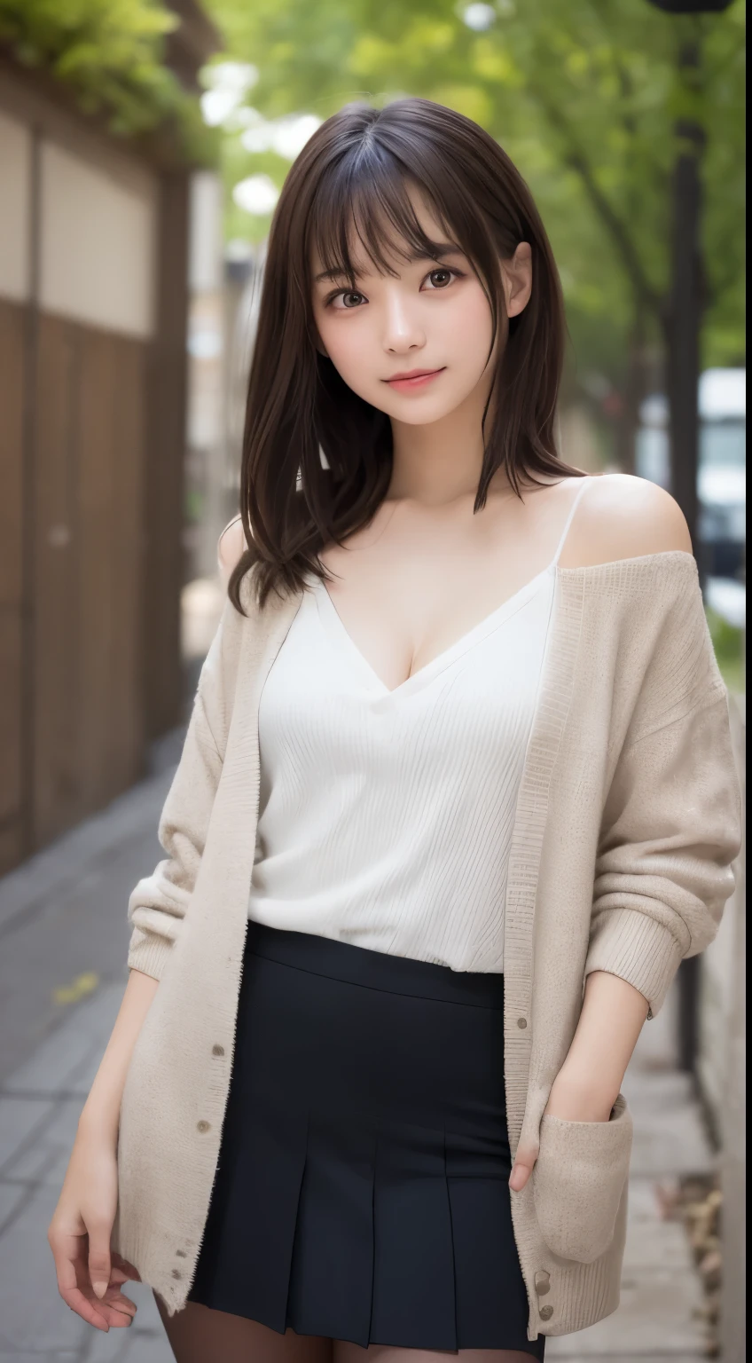 smile、night、Raw photo、(((ultimate beauty portrait)))、((glowing skin))、1 girl、 beautiful girl from Prague、bright look、((brown hair))、(cleavage)、(Completely naked:1.5)、((naked))、((Big eyes that shine like jewels))、open cardigan、open your clothes、pantyhose、Glossy and glossy skin、(medium hair)、(silky ponytail hair)、(standing)、(from below)、under the skirt、under the skirt、(from below下着の接写)、eyeliner、beautiful bangs、hair between eyes、((masterpiece、最high quality、super detailed、film light、intricate details、High resolution、very detailed))、detailed background、8KUHD、Digital single-lens reflex camera、soft light、high quality、film grain、Fujifilm XT3 、shallow depth of field、natural soft light、Kamimei、rich bust