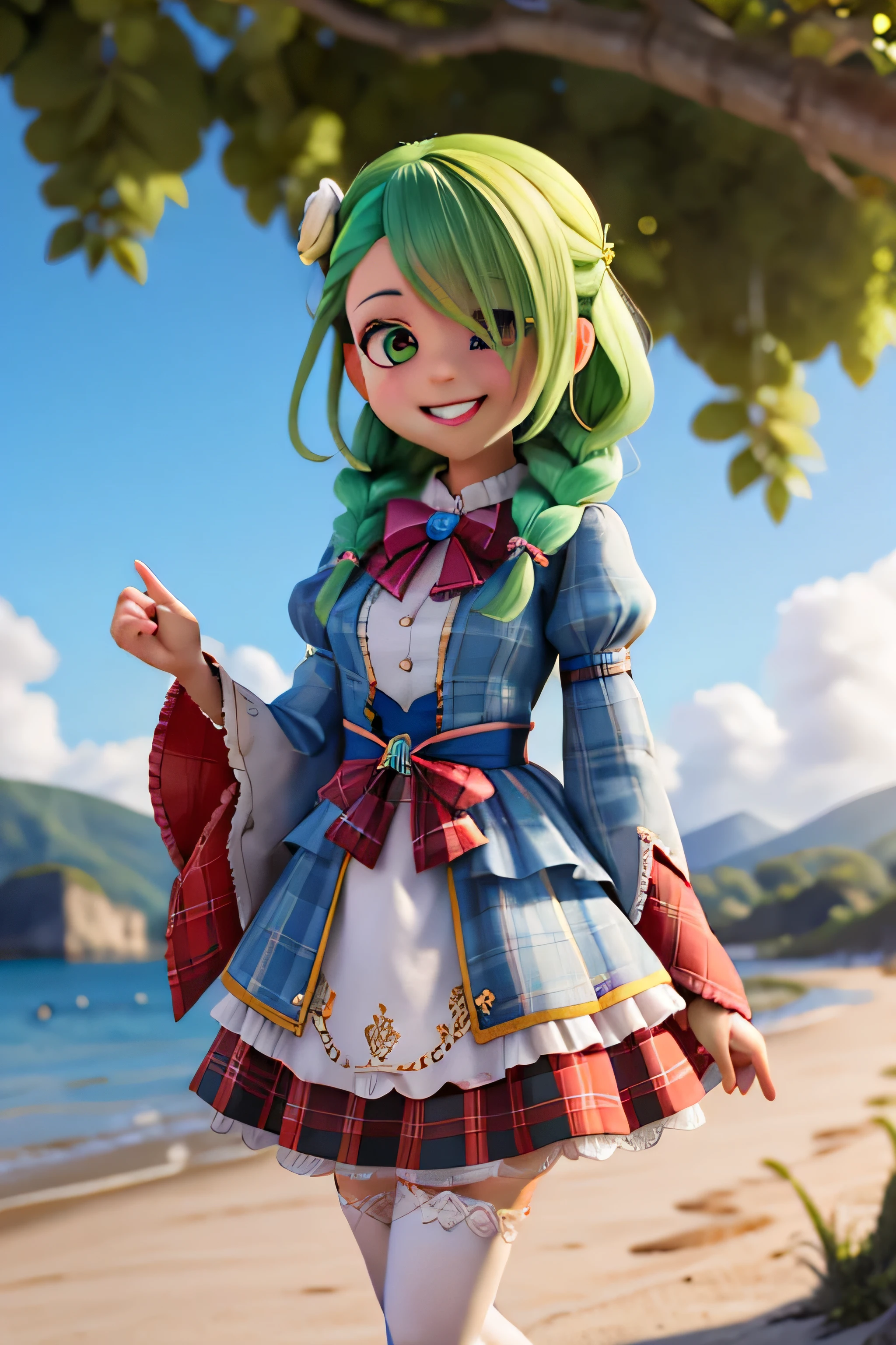 masterpiece, high quality best quality,1girl, beach, blue_sky, mountain, mountainous_horizon, ocean, outdoors, plaid, plaid_background, sky, smile, solo, sun, sunbeam, sunlight, tree, unmoving_pattern, FaunaBase, long hair, braided bangs, hair flower, blue dress, wide sleeves, single thighhigh, bridal gauntlets