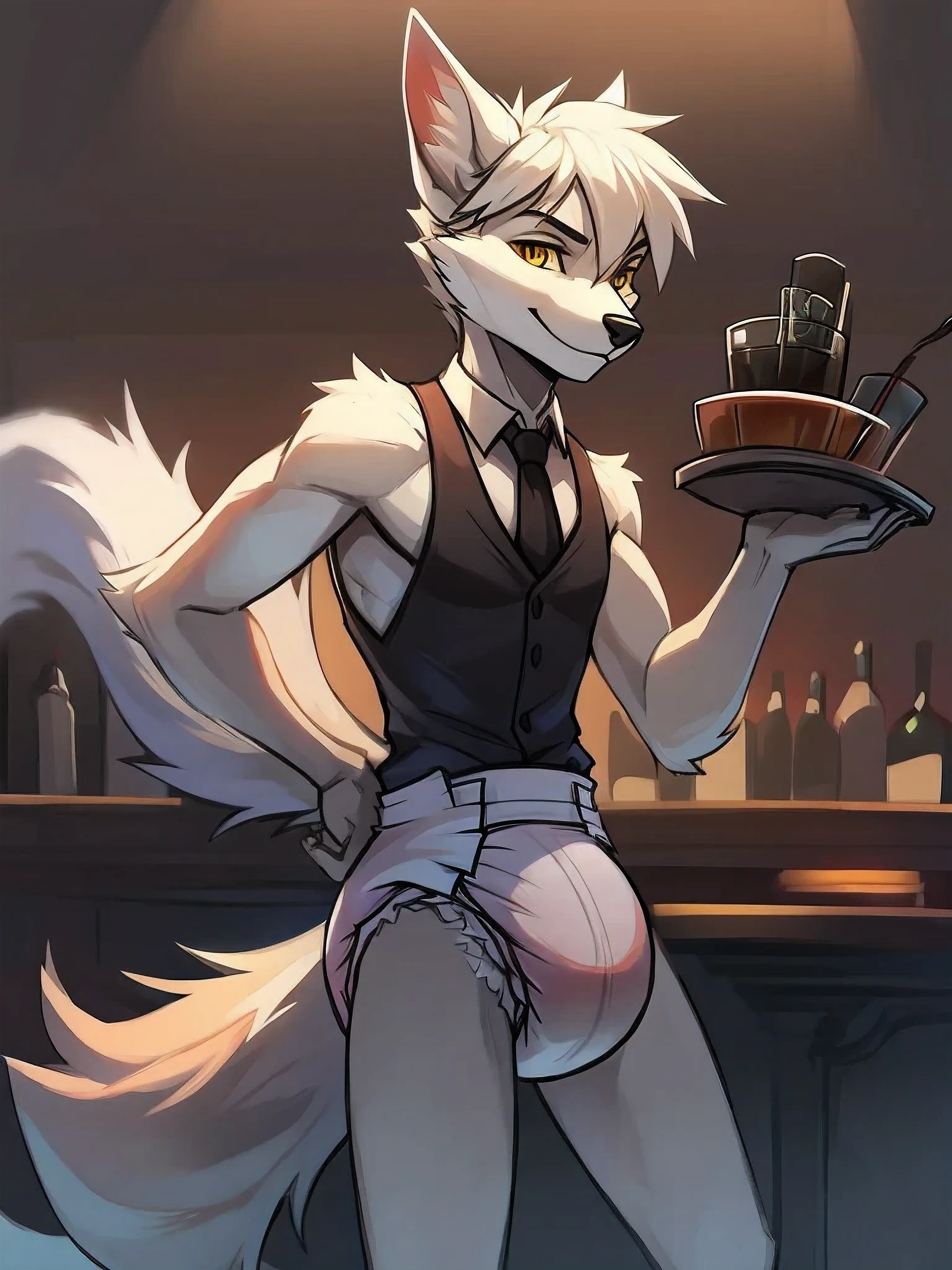 male, arctic wolf, detailed yellow eyes, long tail, bartender, slim, sly, simple background, detailed plain white diaper, diaper with 4 tapes