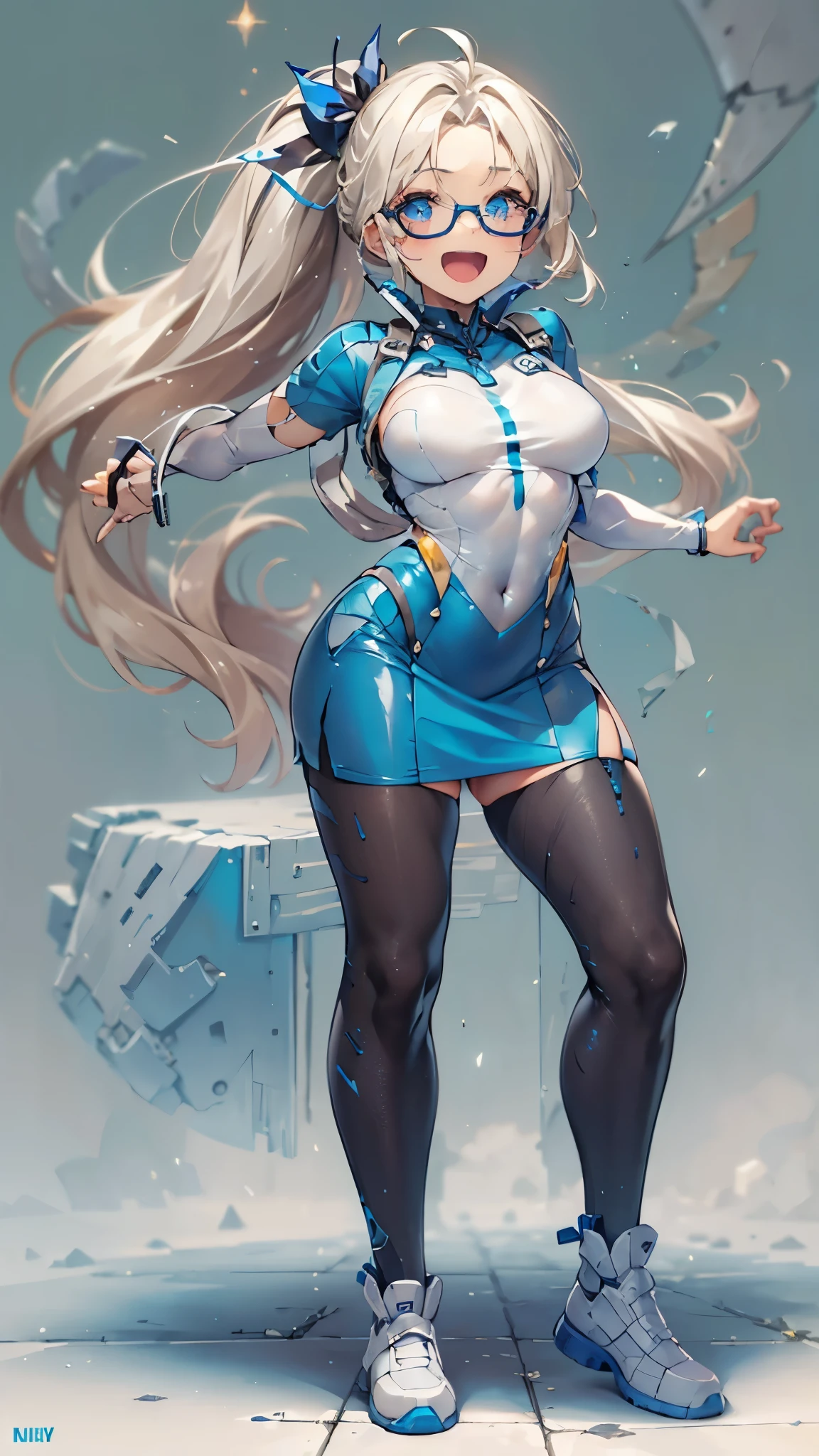 woman,14 years old,,city,night,(((white and blue tight miniskirt bodysuit))),,open mouth smile((See-through))glasses,((beautiful long ponytail)),((Baby girl body shape))((blonde))