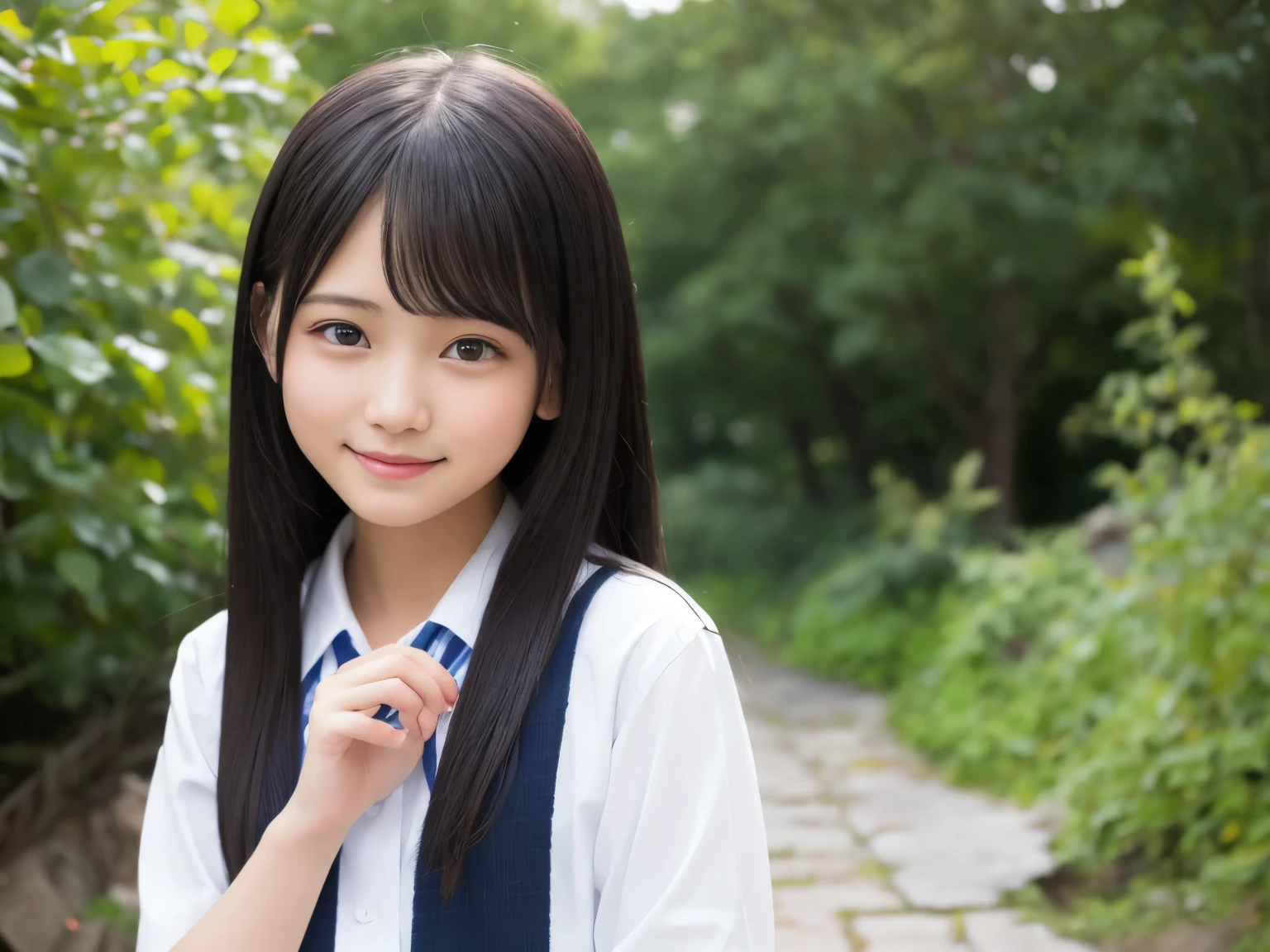 masterpiece, highest quality, 8K, 15 years old, japanese girl, RAW photo, disorganized, award-winning portraits, smile, smile, alone, school uniform, summer clothes, idol face, violate, gardenia, delicate girl, long black hair, black eyes, Upper body, Digital single-lens reflex camera, looking at the viewer, Frank, Sophisticated, like々New, thin arms, professional lighting, film grain, chromatic aberration, (Eye and face details: 1.0), (Bokeh button:1.1)