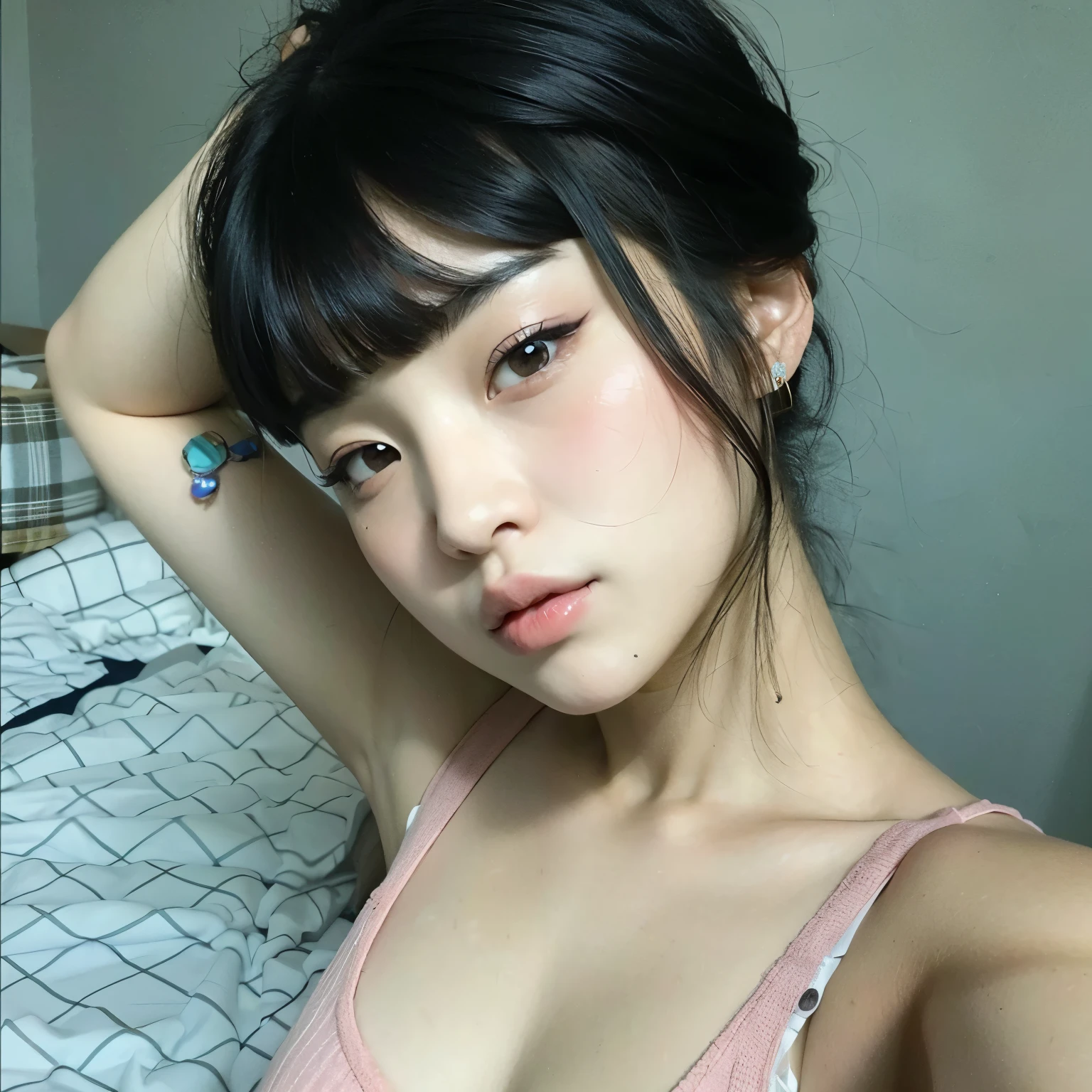 arafed asian woman with a pink top and black hair, korean girl, beautiful south korean woman, korean face features, ulzzang, young adorable korean face, beautiful asian girl, beautiful young korean woman, gorgeous young korean woman, korean symmetrical face, girl cute-fine-face, she has black hair with bangs, young cute wan asian face