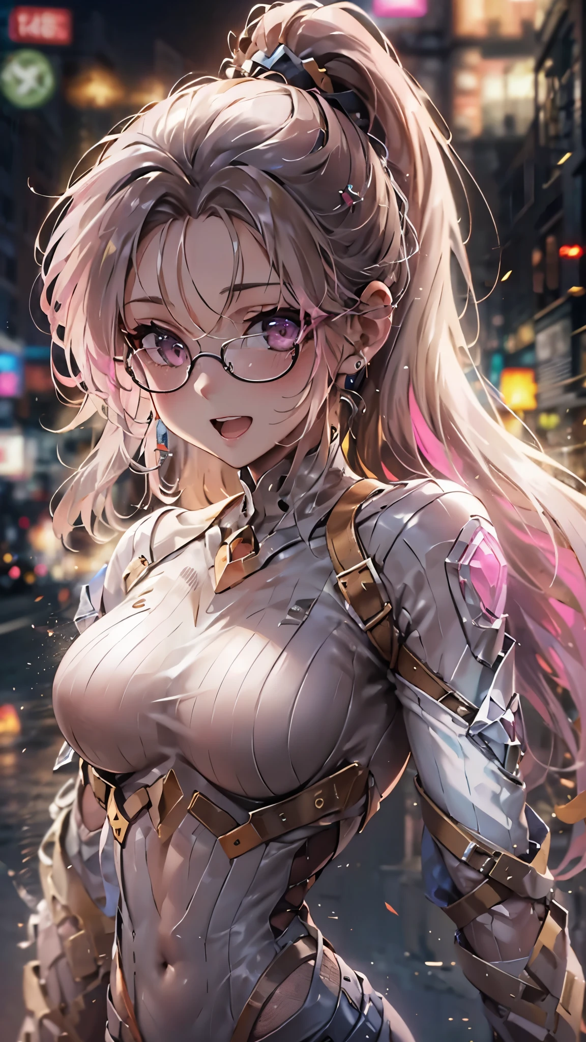 woman,14 years old,,city,night,(((White and pink tight miniskirt bodysuit))),,open mouth smile((See-through))glasses,((beautiful long ponytail)),((Baby girl body shape))((blonde))