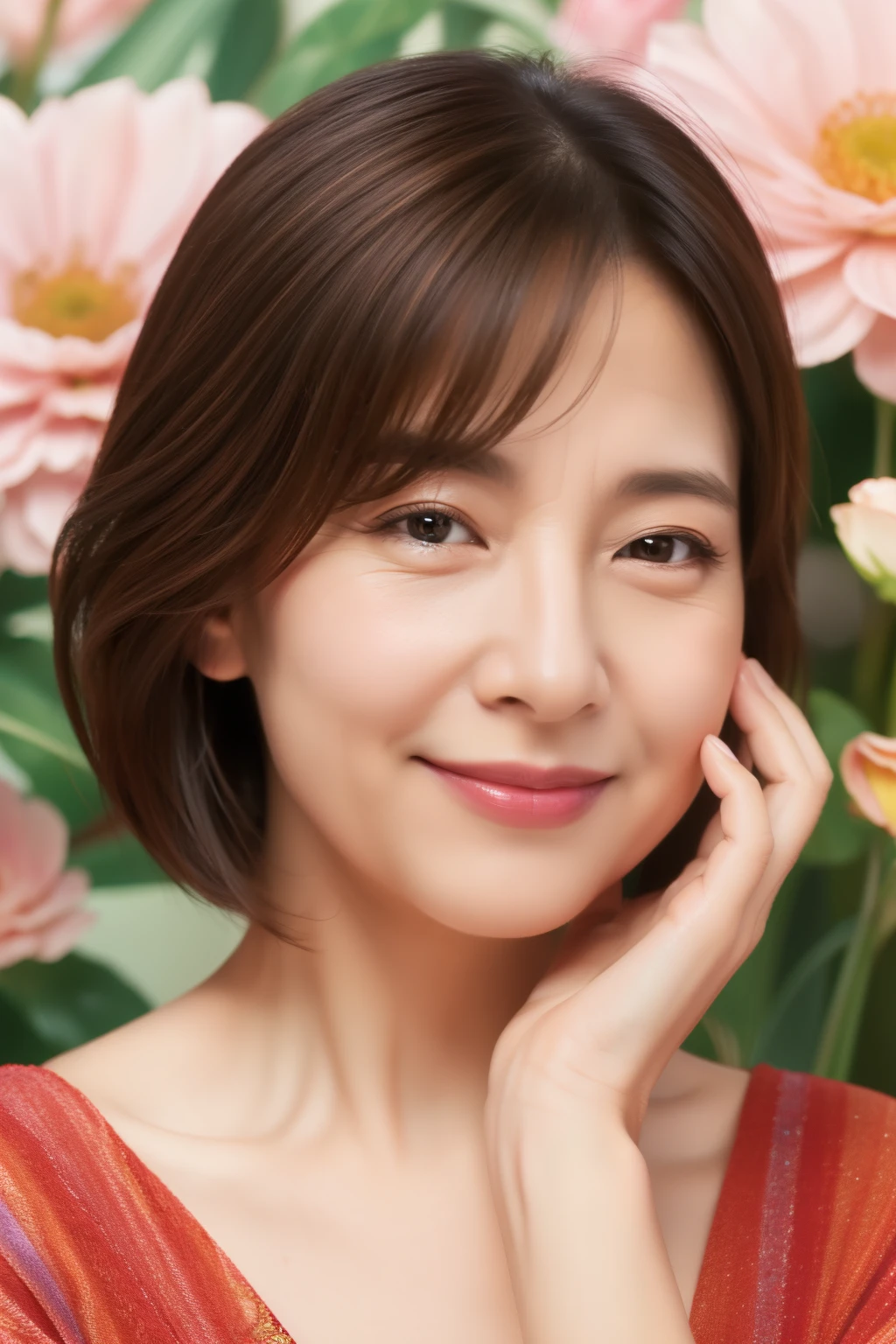 Japan人 woman 55 years old bob hair brown hair beautiful hair shiny hair Japan( sharpen ), (Pueros face_v1:0.7), (8K, highest quality), unconscious, open eyes, big perfect hands, Detailed fingers, wedding ring, High resolution, original, (flat color:0.9),(Colorful:1.1),(masterpiece:1,2), highest quality, masterpiece, High resolution, original, highly detailed wallpaper, Viewer's perspective, alone, Portrait, Mature Woman Body Set, slight smile, While looking at this, flower background,natural wrinkles, wrinkles around the eyes, surreal, natural skin, natural hair color, bright red lips