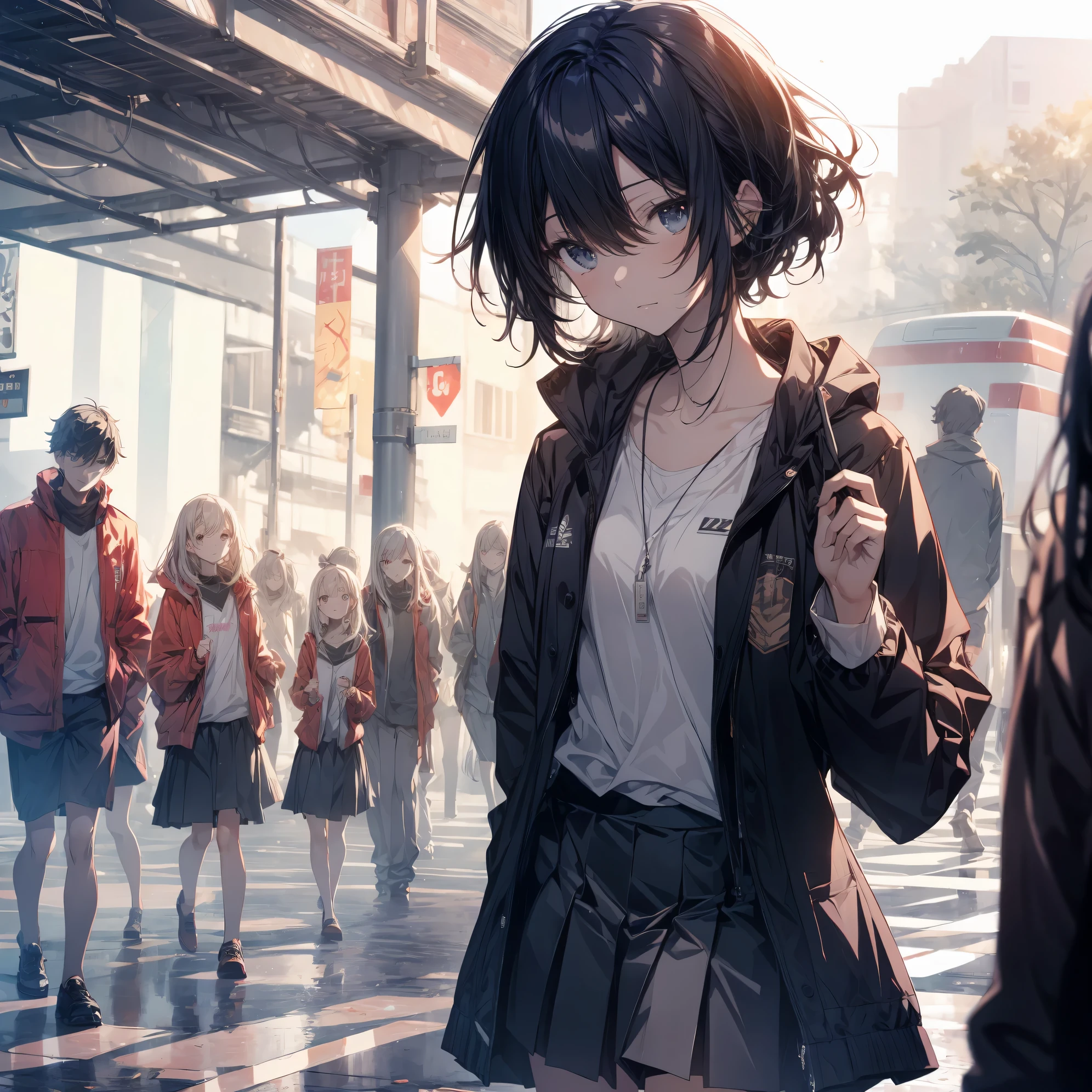 Super high quality by the art god, super detailed, High resolution, Shinkai Makoto style, anime moe art style, best anime 8K konachan wallpaper, pixiv contest winner, perfect anatomy, break,(眠そうにalone学校へ行く女の子を描いてください. ),break, surreal high school girl, (alone,lolita, , 13 years old:1.3),All limbs, full finger,, androgynous charm, (very short hair), messy hair, flat chest, small ass, between legs, Small black eyes, beautiful and fine eyes, Well-proportioned iris and pupils, disgusted eyes, High resolutionの詳細な髪, wearing school uniform, (skirt), On the way to school. break,super dense skin, Best lighting by famous artists, 8K, figure,UHD, rough skin