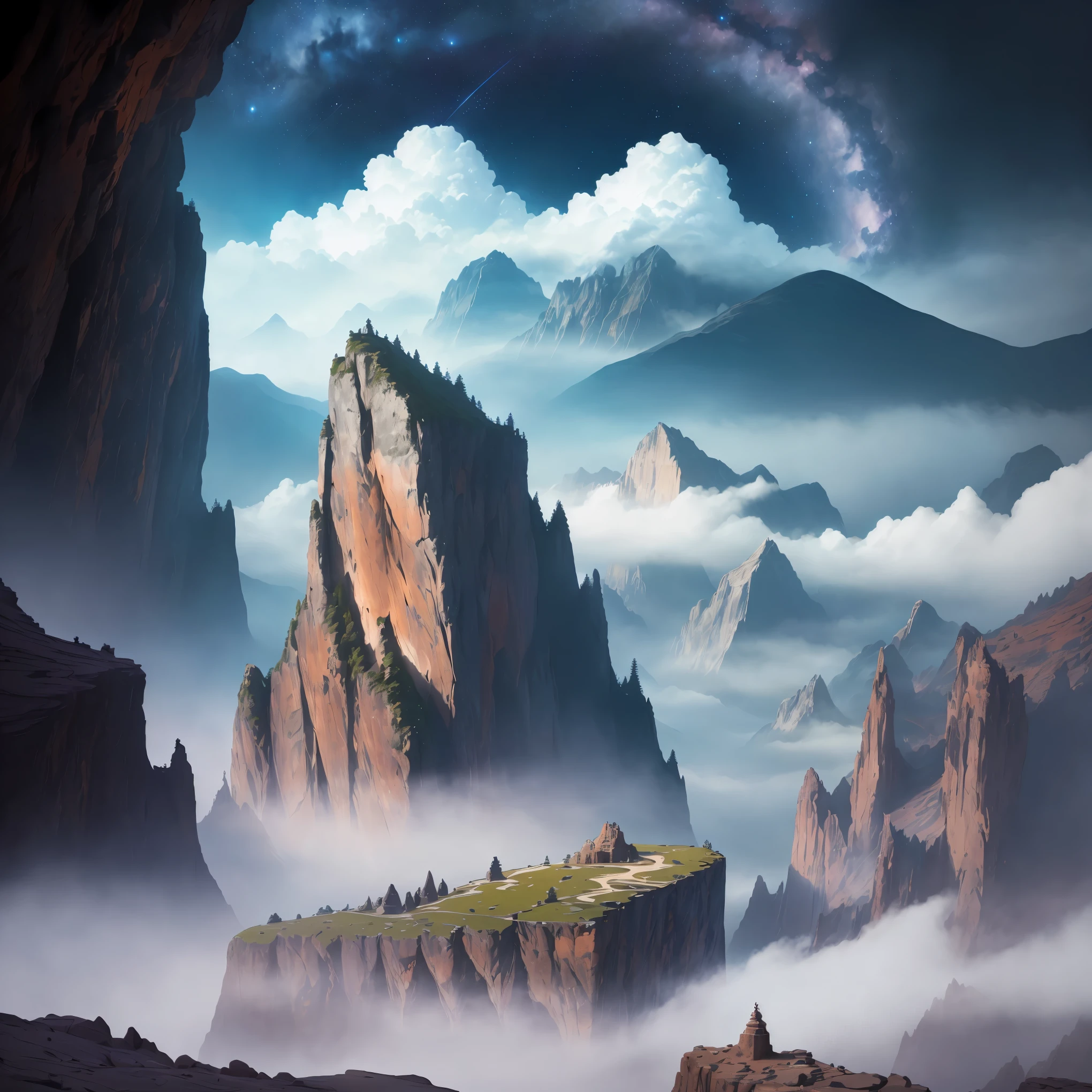 (masterpiece:1.5), (best quality), highly detailed, ultra-detailed, capturing the ancient lockhole, covered in rust, embedded in the rugged cliffs of a treacherous mountain. Surrounded by swirling mists, it appears to be isolated from the world. Legend has it that this lockhole is a portal to another world, a gateway to a realm beyond our own, but as time passes, it has been forgotten by many. In the depths of the desolate mountains, this gate has become a symbol of mystery and intrigue. The natural phenomena around it defy explanation, as if unseen forces are at play. Stepping through the portal feels like traversing a long corridor of time. The scenery on the other side is truly magnificent, adorned with breathtaking landscapes and enchanting magic. Stars twinkle overhead, while moonlight is delicately scattered at your feet, creating an atmosphere of wonder and awe. It feels as though you have stepped into a world filled with miracles and enchantment, where anything is possible. The scene is rendered with meticulous attention to detail, capturing the intricate textures of the lockhole and the ethereal beauty of the surrounding landscape. Each element is designed to transport the viewer into a realm of imagination and wonder, evoking a sense of adventure and the limitless possibilities that lie beyond the portal.