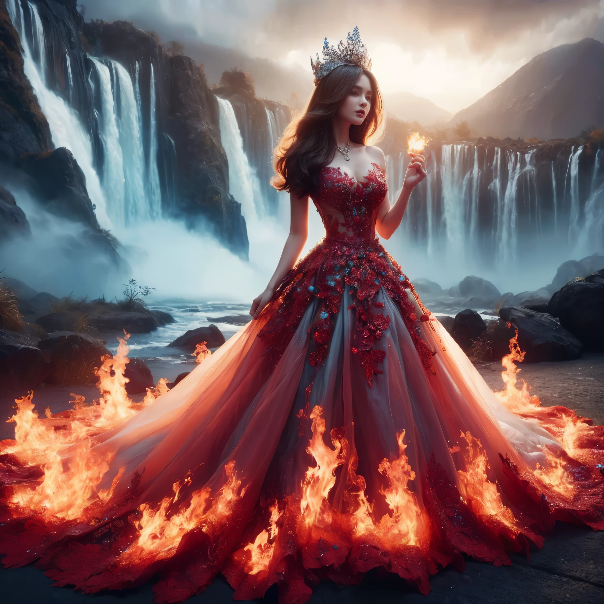 arafed woman with bustier gigantic breast in a flame corset and flame dress in front of a building, wearing an ornate outfit, ornate dress, intricate dress, elegant flame corset, ornate and elegant, extravagant dress, inspired by Hedi Xandt, ornate attire, intricate outfit, ornate royal gown, ornate clothing, ornate gown, intricate and elegant, intricate detailed dress, ornate , royal dress, detailed hand, detailed finger, masterpiece, best quality:1.2),,(8k,highres,RAW photo,realistic,photo-realistic:1.3),(detailed skin texture,detailed cloth texture,beautiful detailed face:1.25),professional lighting,photon mapping,beautiful soft light,radiosity,physically-based rendering,raytracing, model shoot style, model shoot style, (extremely detailed CG unity 8k wallpaper), full shot body photo of the most beautiful artwork in the world,