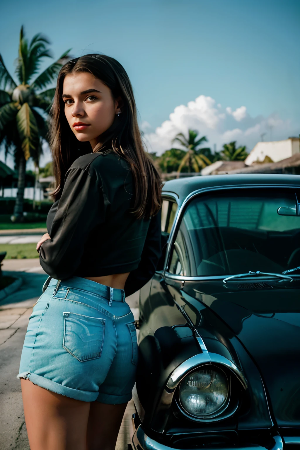 Faithful and perfect portrait of an 18 year old woman with her back looking back, She is pushing a car "1959 Chevrolet Bel Air" COR preto METALICO reflexivo de costas, paint color is black, em uma rua de frente para a praia, diagonal camera, max quality, masterpiece, high detail