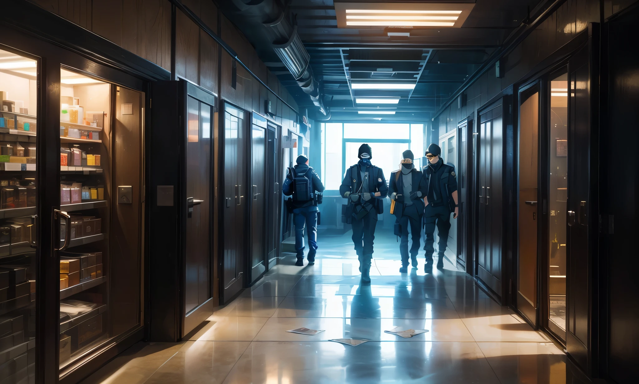 there are three people walking down a hallway in a building, bank robbery movies, shutterstock, complex scene, special forces security, hr, by Bernard Meninsky, swat, fbi raid, shot from movie, sergey zabelin, by Jens Søndergaard, bank robbery movie, by Aleksander Gierymski, by Emma Andijewska