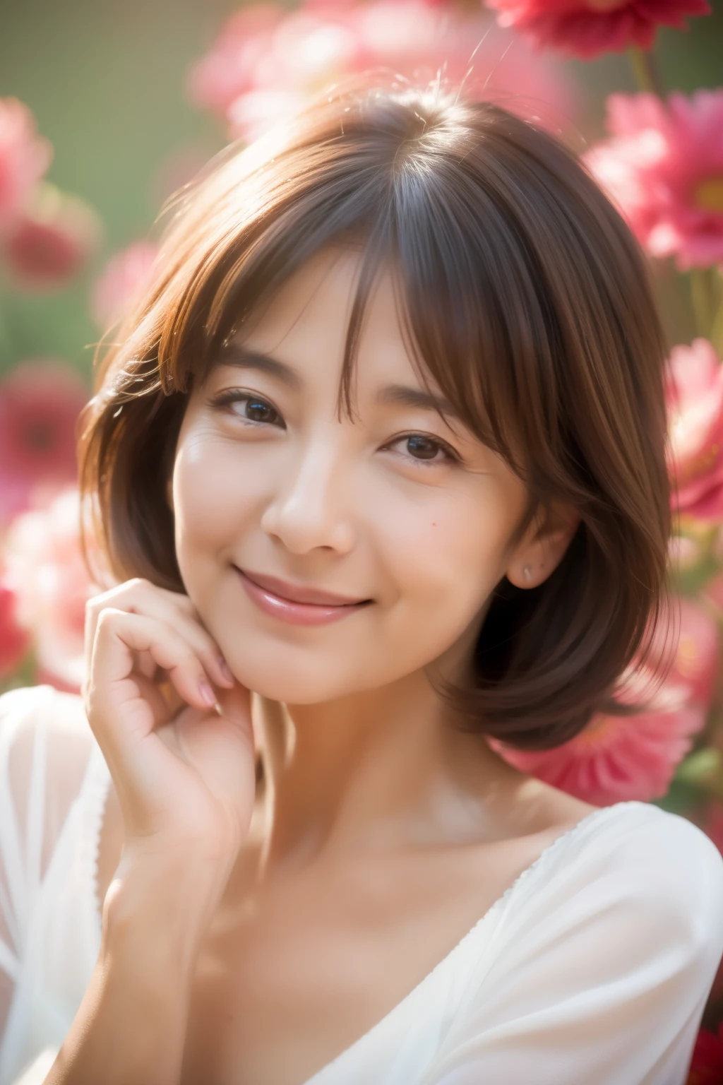 Pulling up your hair Japan人 woman 50 years old Bob hair trying to put hair behind ears brown hair beautiful hair shiny hair Japan( sharpen ), (Pueros face_v1:0.7), (8K, highest quality), unconscious, open eyes, big perfect hands, Detailed fingers, wedding ring, High resolution, original, (flat color:0.9),(Colorful:1.1),(masterpiece:1,2), highest quality, masterpiece, High resolution, original, highly detailed wallpaper, Viewer's perspective, alone, Portrait, Mature Woman Body Set, slight smile, While looking at this, flower background,natural wrinkles, wrinkles around the eyes, surreal, natural skin, natural hair color, bright red lips