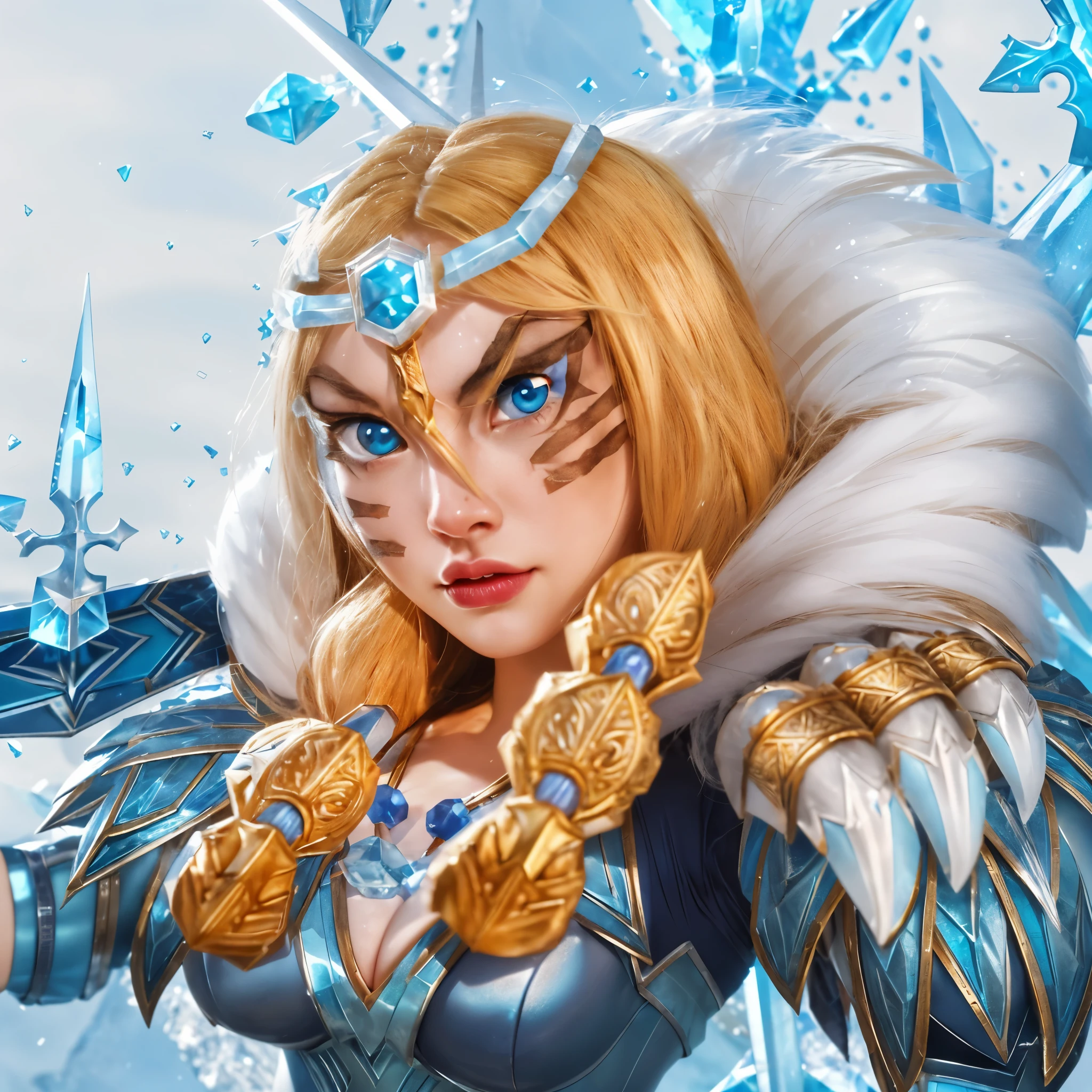 Close-up of cartoon characters holding swords and swords, queen of ice and storm, ice magician, Crystal Maiden, ice magician, Ice Crystal Armor, mystical atlantean valkyrie, epic magical girl characters, Epic Legends Game Icons, Female Warrior of the North, powerful voluptuous female magician, north adult female warrior, valkyrie style character, crystalline skin