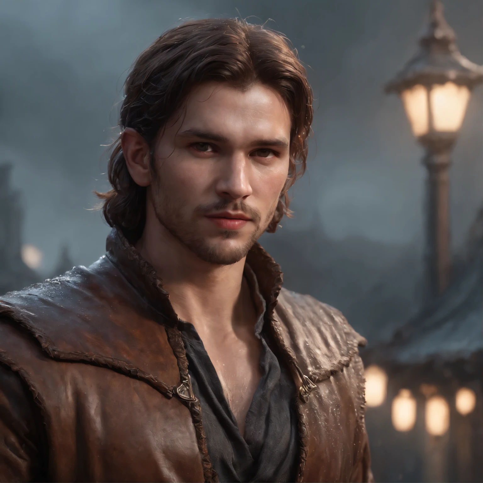 (professional 3d render:1.3) af (Realistic:1.3) most beautiful artwork photo in the world，Features soft and shiny male heroes, ((Epic hero fantasy muscle man rough wet hero angry looking long hair short beard and ferocious expression in dynamic pose, Fantastic location, Majestic cluttered environment)), Full body 8K unified rendering, action  shot, skin pore, very dark lighting, heavyshading, Detailed, Detailed face, (vibrant, photograph realistic, Realistic, Dramatic, Dark, Sharp focus, 8K), (Old leather garments damaged by weathering:1.4), ((((Wear fur)))), (Intricate:1.4), decadent, (Highly detailed:1.4), Digital painting, rendering by octane, art  stations, concept-art, smooth, Sharp focus, illustration, Art germ, (loish:0.23), wlop ilya kuvshinov, and greg rutkowski and alphonse mucha gracias, (Global illumination, Studio light, volumettic light), heavy rain, particles floating, lotr, fantasy, elf, full bodyesbian, ((Dark and ancient city background:1.3)),CGSesociety,art  stations