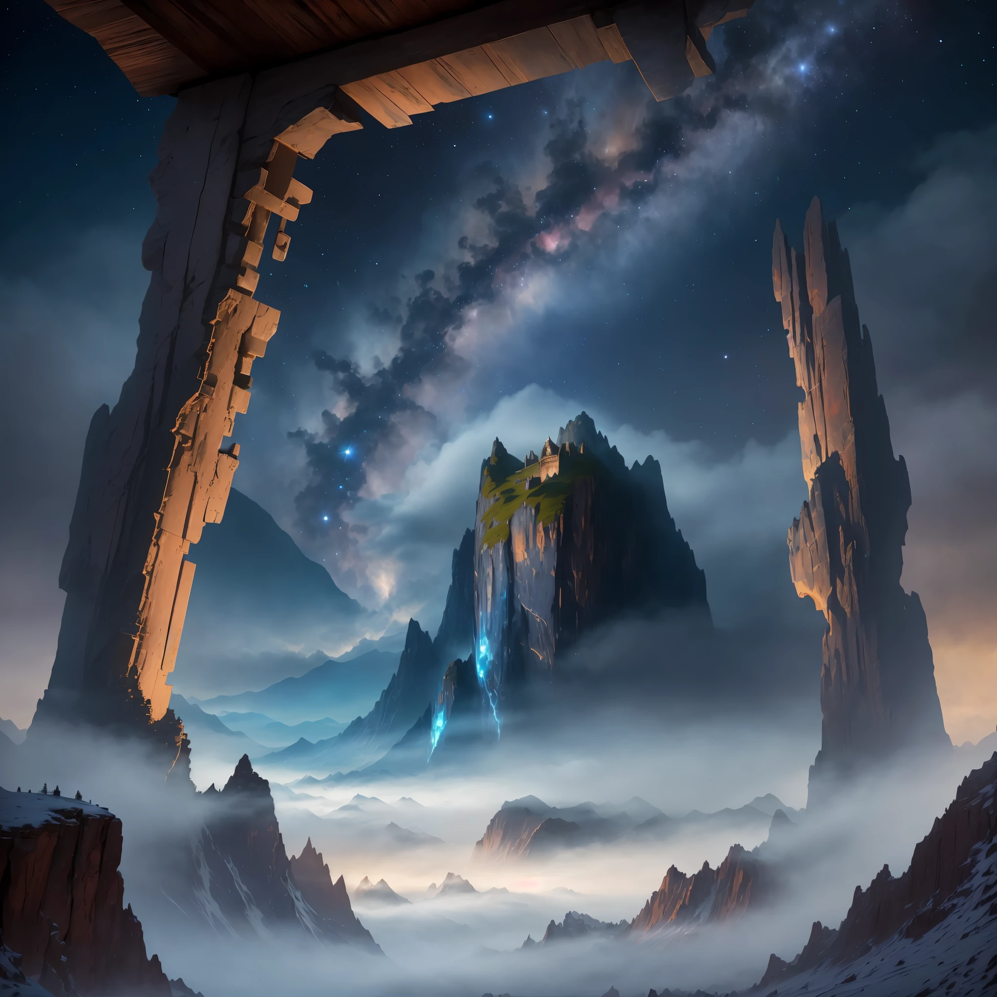 (masterpiece:1.5), (best quality), highly detailed, ultra-detailed, capturing the ancient lockhole, covered in rust, embedded in the rugged cliffs of a treacherous mountain. Surrounded by swirling mists, it appears to be isolated from the world. Legend has it that this lockhole is a portal to another world, a gateway to a realm beyond our own, but as time passes, it has been forgotten by many. In the depths of the desolate mountains, this gate has become a symbol of mystery and intrigue. The natural phenomena around it defy explanation, as if unseen forces are at play. Stepping through the portal feels like traversing a long corridor of time. The scenery on the other side is truly magnificent, adorned with breathtaking landscapes and enchanting magic. Stars twinkle overhead, while moonlight is delicately scattered at your feet, creating an atmosphere of wonder and awe. It feels as though you have stepped into a world filled with miracles and enchantment, where anything is possible. The scene is rendered with meticulous attention to detail, capturing the intricate textures of the lockhole and the ethereal beauty of the surrounding landscape. Each element is designed to transport the viewer into a realm of imagination and wonder, evoking a sense of adventure and the limitless possibilities that lie beyond the portal.