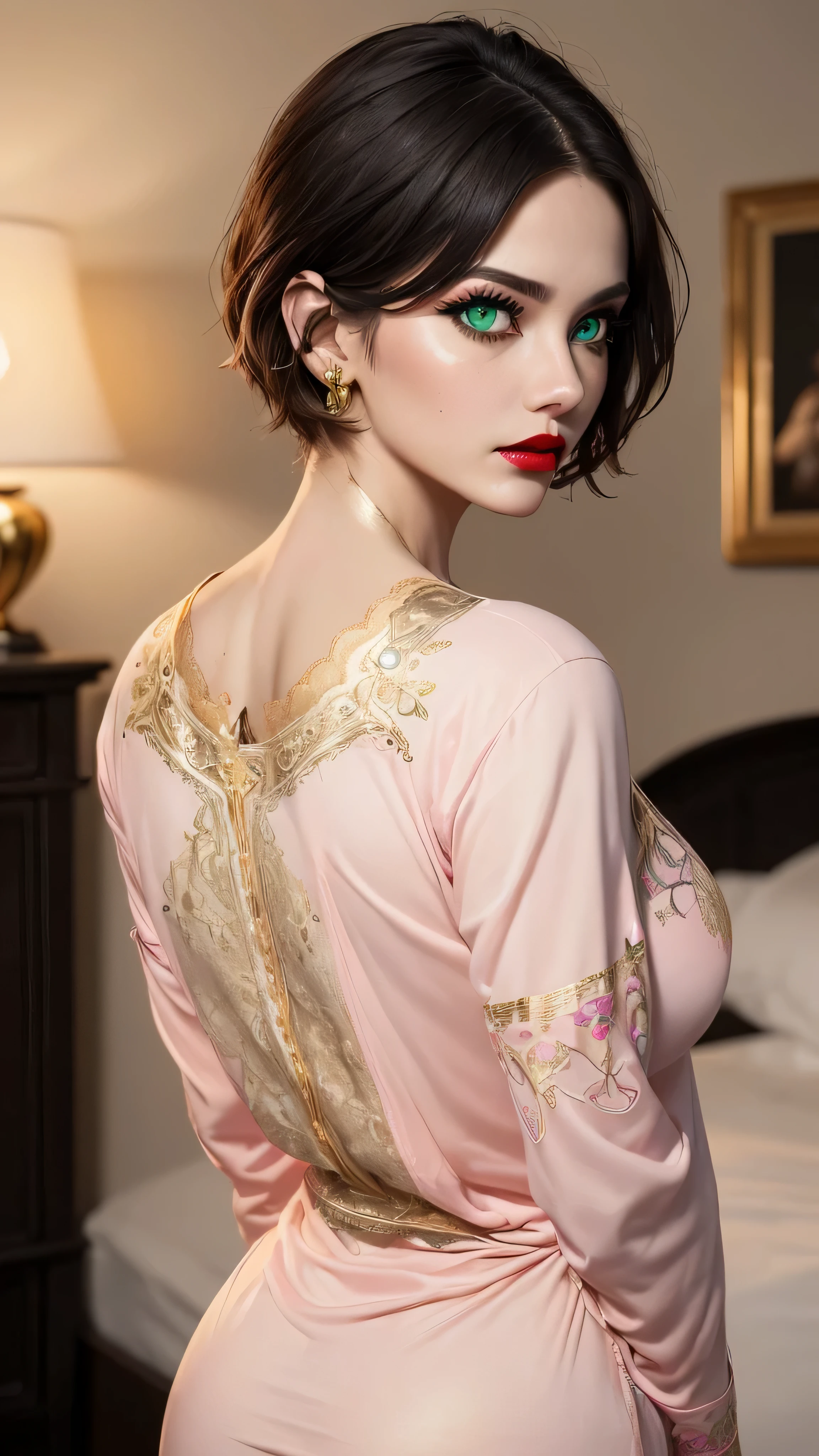 ((best quality: 1.5)) ((masterpiece: 0.8)), intricate details, sharp focus, professional, real life, realistic representation of the face, dim volumetric lighting, dynamic pose, BREAK ((((detailed 30year woman, ((blackout gothic eye makeup, nude, red lips, quizzical, athletic, fit), golden hour, clear green eyes, short dark hair shaved sides, (medium breasts, pink lace nightshirt, gold embroidery, portrait, pokies, tilted head), bedroom, bed)), sapphire necklace, side view: 0.8)), freckles: 0.9), photorealistic, hyper-realistic, 8K