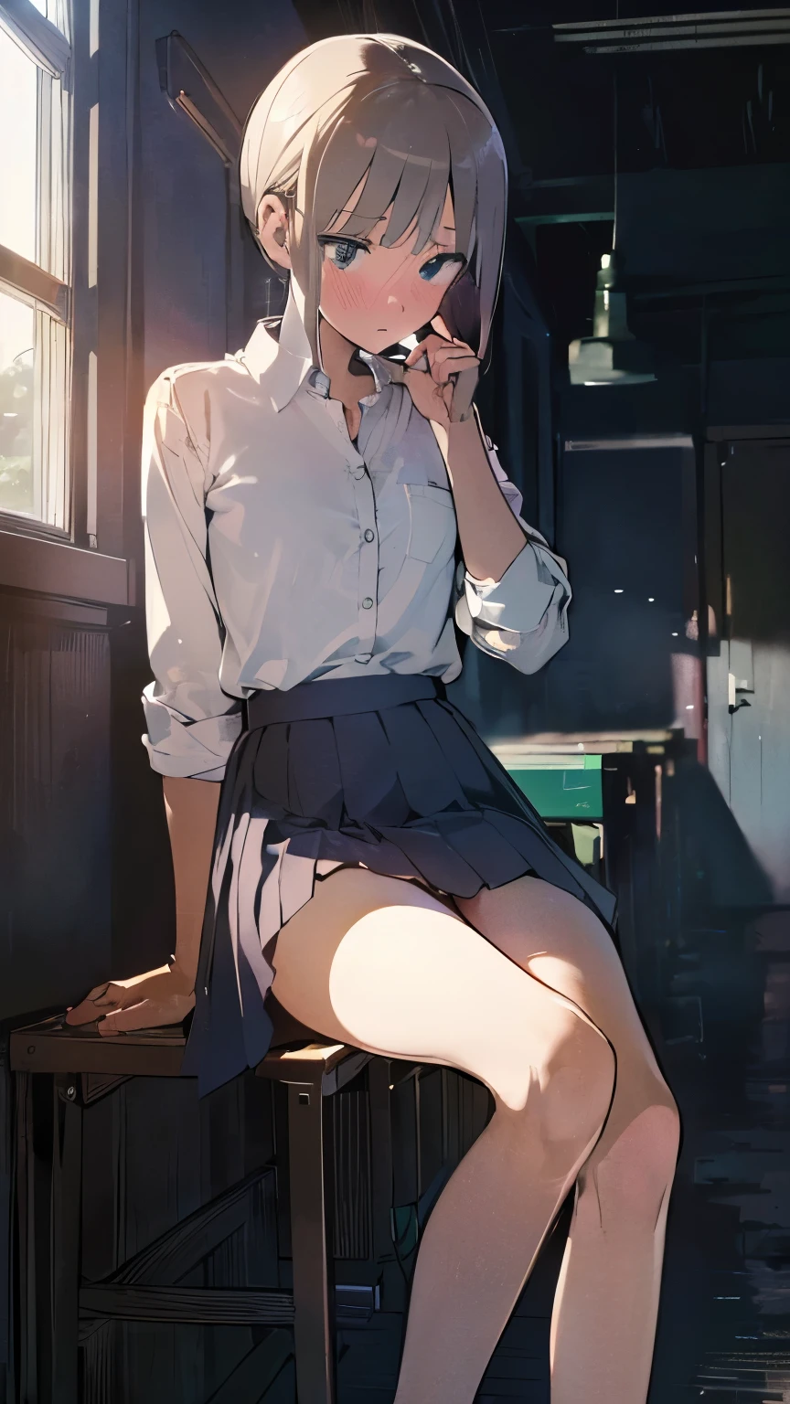 ((best quality)), ((masterpiece)), (detailed), perfect face, classroom, slender 16yo teen girl, (((sitting with legs tucked))), ((((plain white button shirt)))), ((dark blue pleated skirt)), (((plain pink panties))), (((upskirt peak))), skinny thighs, skinny waist, ((shy surprised:1.2)), blonde, ponytail