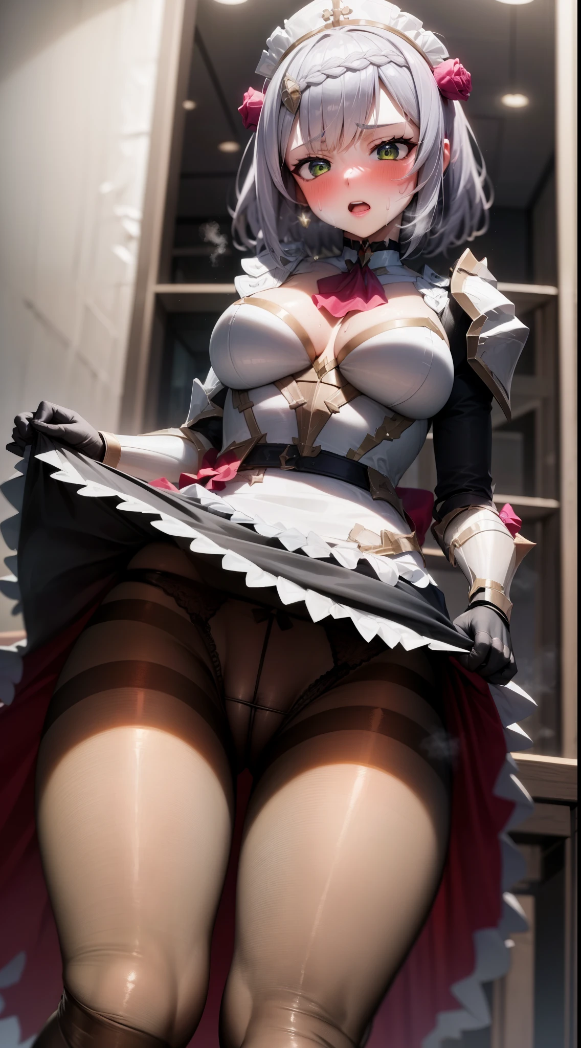 1girl,noelledef,maid,armour,blush,lift up the dress, black pantyhose,black panties under the pantyhose,((from below)),looking down,pov, panties focus, pantyhose focus, sweating,steam,heavy breathing