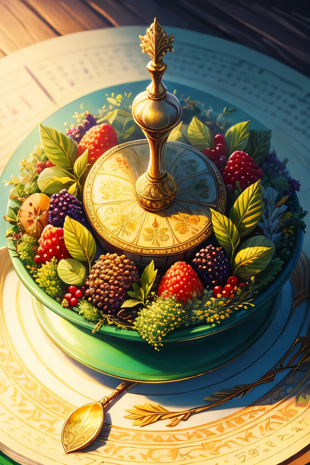 (best quality, highres), detailed herbal manuscript page with intricate illustrations of herbs, fruits, and berries, elaborate calligraphy, ultra-detailed depictions of each plant and fruit, top-down perspective, centered composition, no human presence