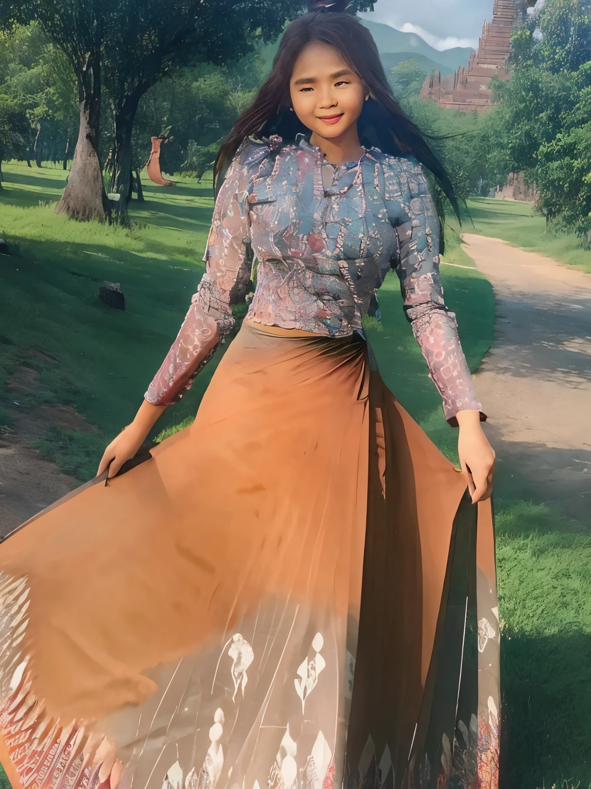 a beautiful girl with cute dimples, smiling, wearing
burmese dress, walking in Bagan's street,
ACMM LS OUTFIT, WEARING ACMM TOP OLIVE
GREEN ACMM TOP; LONG SLEEVES, WEARING
ACMM LONG SKIRT, OLIVE GREEN ACMM LONG
SKIRT, PRINTED SKIRT
OUTDOORS, SCENERY, TRADITIONAL MEDIA,
SKY, DAY, PHOTO BACKGROUND, REAL WORLD
LOCATION, ARCHITECTURE, NATURE, RUINS
LANDSCAPE, BAGAN ANCIENT PAGODA
BACKGROUND