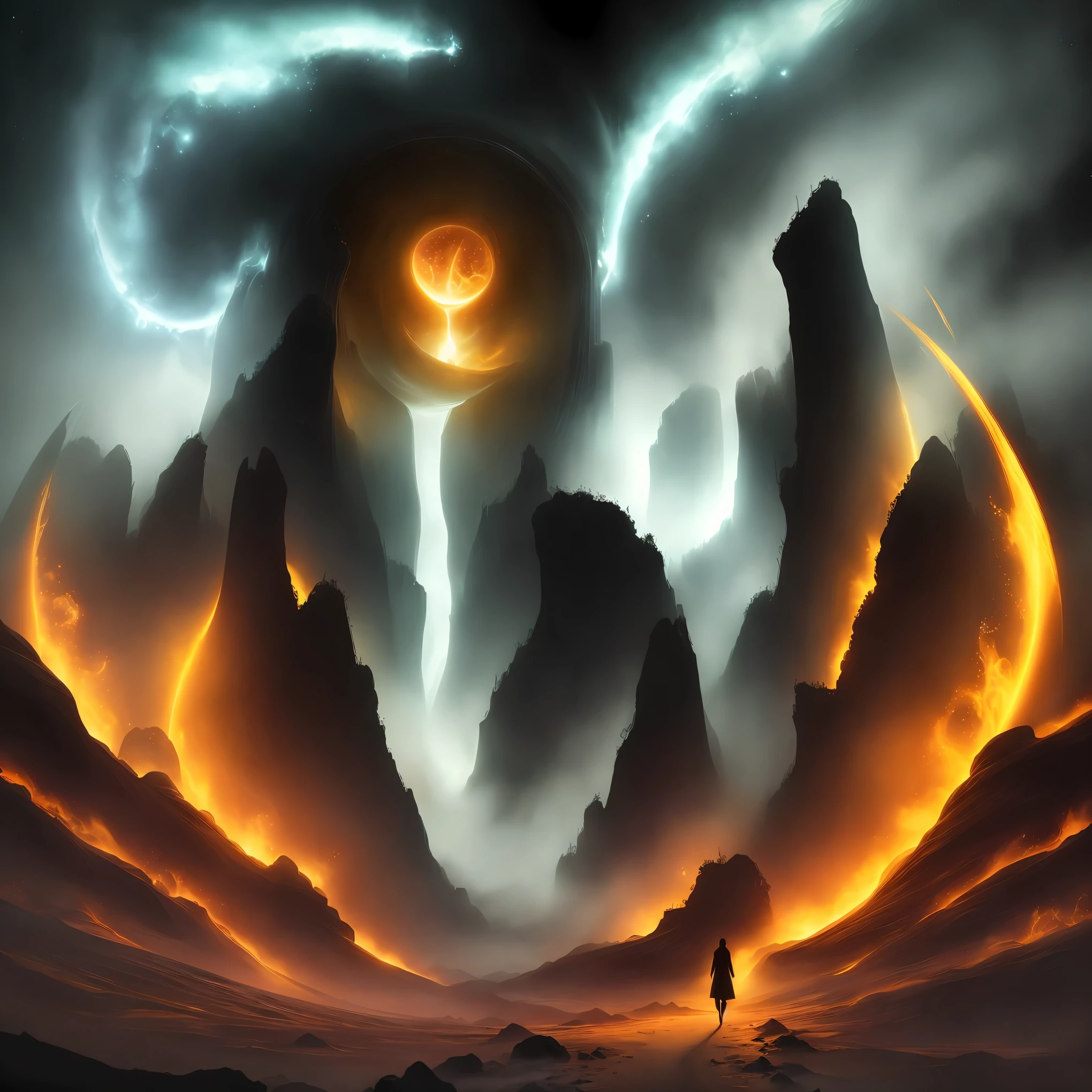 An old lock, covered in rust, embedded in a steep mountain cliff. Surrounded by swirling mist, it seems isolated from the world. Legend has it that this lock is a gateway to another world, a portal across time and space. Over time, it has been forgotten by people, but in the desolate depths of the mountains, it has become a legend. Unexplainable natural phenomena occur in its surroundings, as if an invisible force is controlling everything. Stepping into the portal, one feels like they are traversing through a corridor of time. There, they encounter breathtaking landscapes and mysterious magic. Stars adorn the sky above, and moonlight bathes the ground below, as if immersed in a world full of wonders and enchantment. The artwork showcases this mystical scene with high-definition and superior quality. 