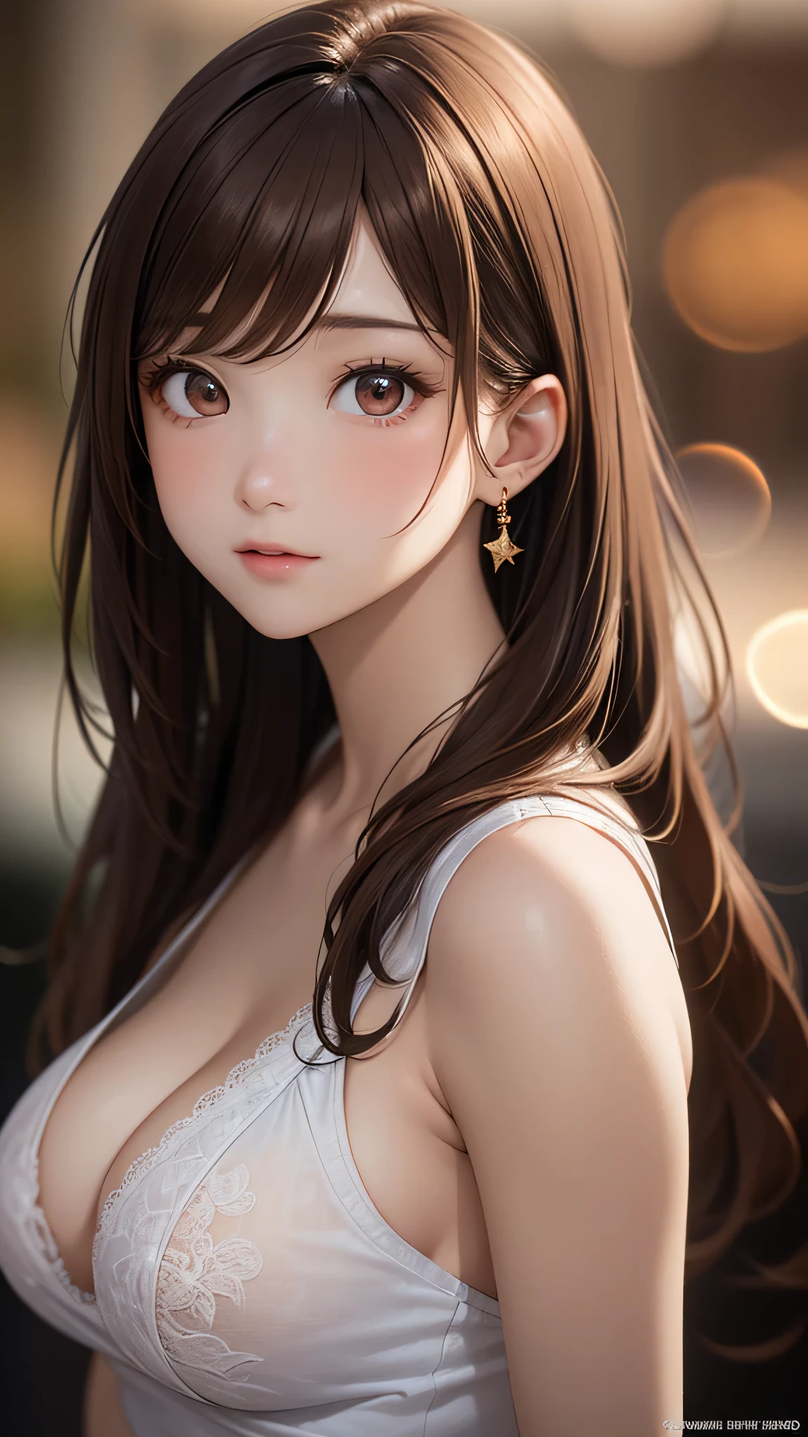 1 girl, (highest quality:1.4), (super detailed), (detailed light), (Highly detailed beautiful face), wonderful face and eyes, brown hair, brown eyes, Beautiful sheer lace details, beautiful breasts, Highly detailed CG integrated 8k wallpaper, High resolution raw color photos, professional photos, dynamic lighting, (nipple:0.94), (((Bokeh))), Depth of bounds written,