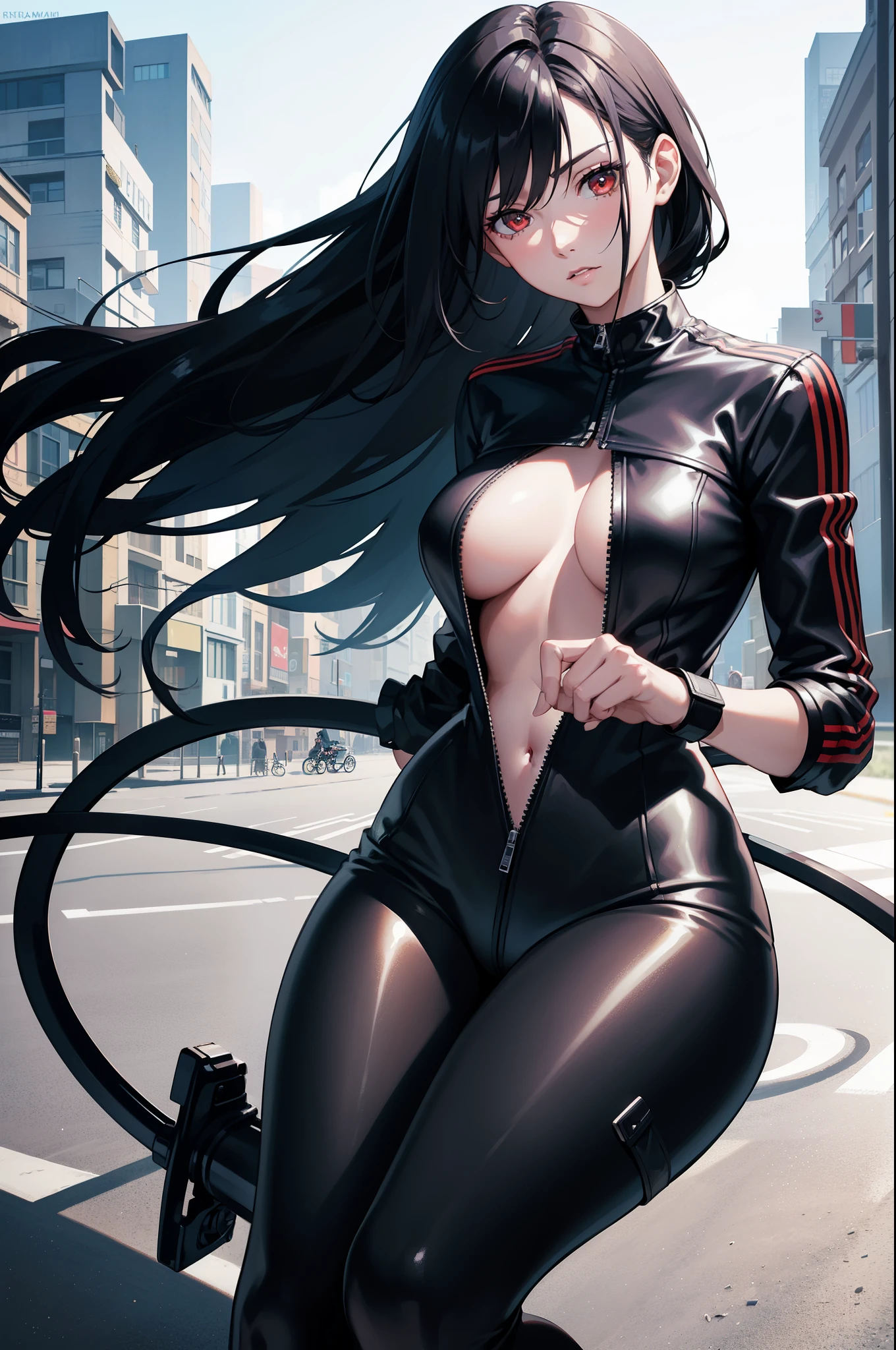1girl, beautiful girl, Body Length 150 cm, 20 years old, (black hair, Rebel Hairstyle) , (Red eyes), realistic eyes, beautiful and sharp eyes), masculine clothing, Biker clothing, medium , (8k wallpaper), (Street wallpaper) 8k, high quilty, realistic, beautiful realistic, Cool details, raw photo, realistic clothing, black hair, realistic hair, realistic eyes, Light and cool lighting, photo realistic, Cel shaded, Gel lighting, ultra details, ((Riding a bike on the street)), (in the morning)