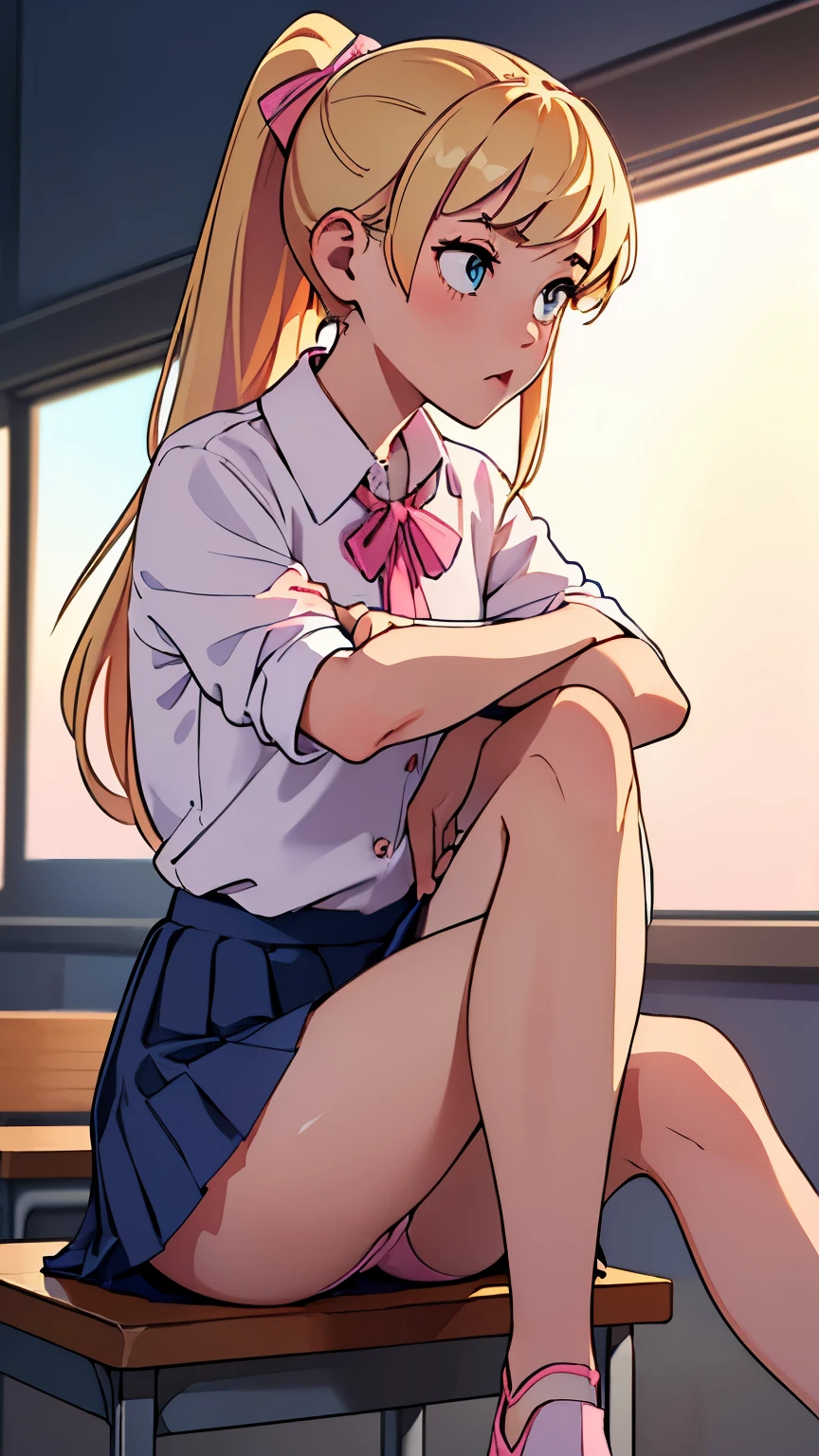 ((best quality)), ((masterpiece)), (detailed), perfect face, classroom, slender  teenl, (((sitting))), (((legs together, knees bending))), ((((plain white button shirt)))), ((dark blue pleated skirt)), (((plain pink panties))), (((upskirt peak))), skinny thighs, skinny waist, ((shy surprised:1.2)), blonde, ponytail