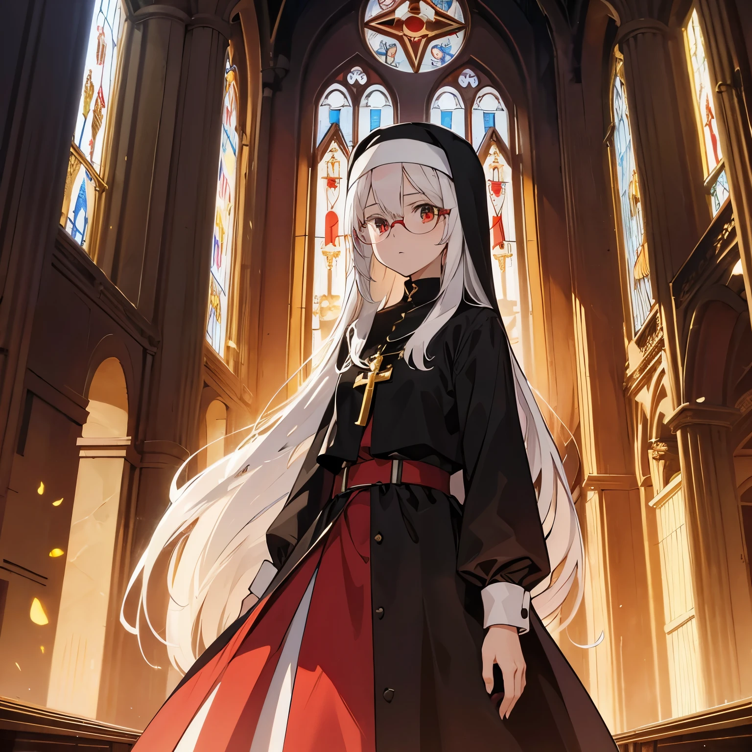 16-year-old girl，long white hair，red pupils，golden-framed glasses，church，Black nun dress，golden crucifix