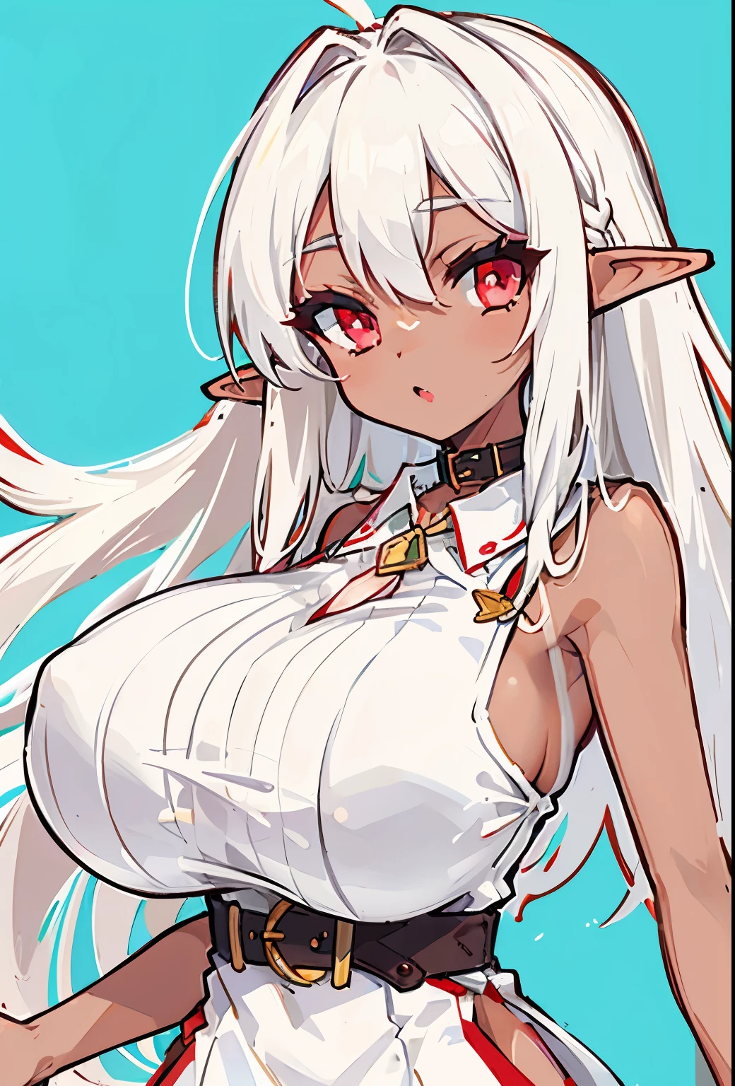 (tanned elf girl:1.2), (white_hair red_eyes) (open dress), (collar) (belts), (huge tits)