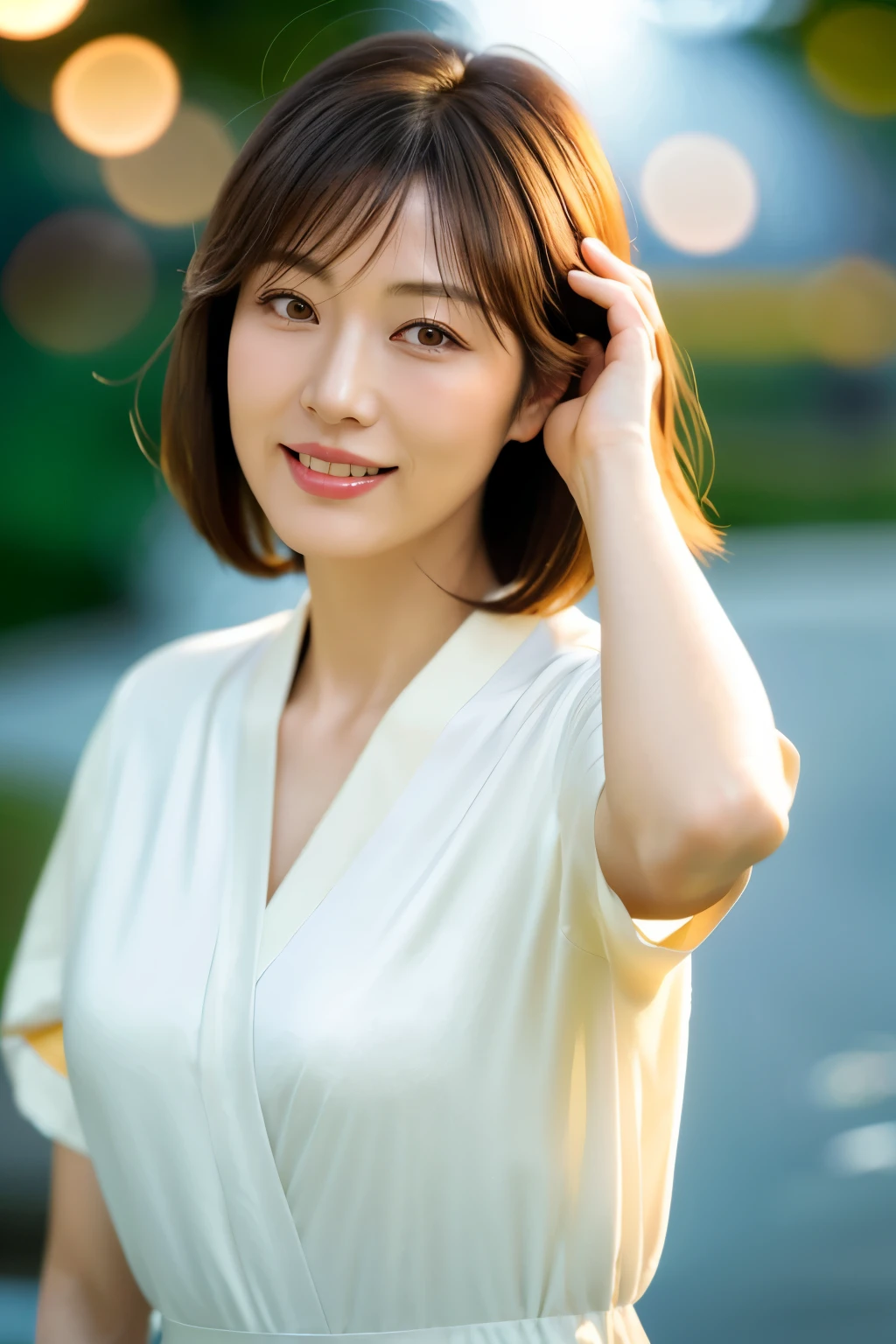 50 years old Japanese woman 50 years old Pulling up your hair So that you can see all of your beautiful hair Japanese woman 50 years old Bob hair trying to put hair behind ears brown hair beautiful hair shiny hair close up of face,1 中年woman,happy laughter,delicate face,smooth skin,delicate eyes, ( Bokeh, out of focus, soft lighting, movie lighting, Godley, UHD)